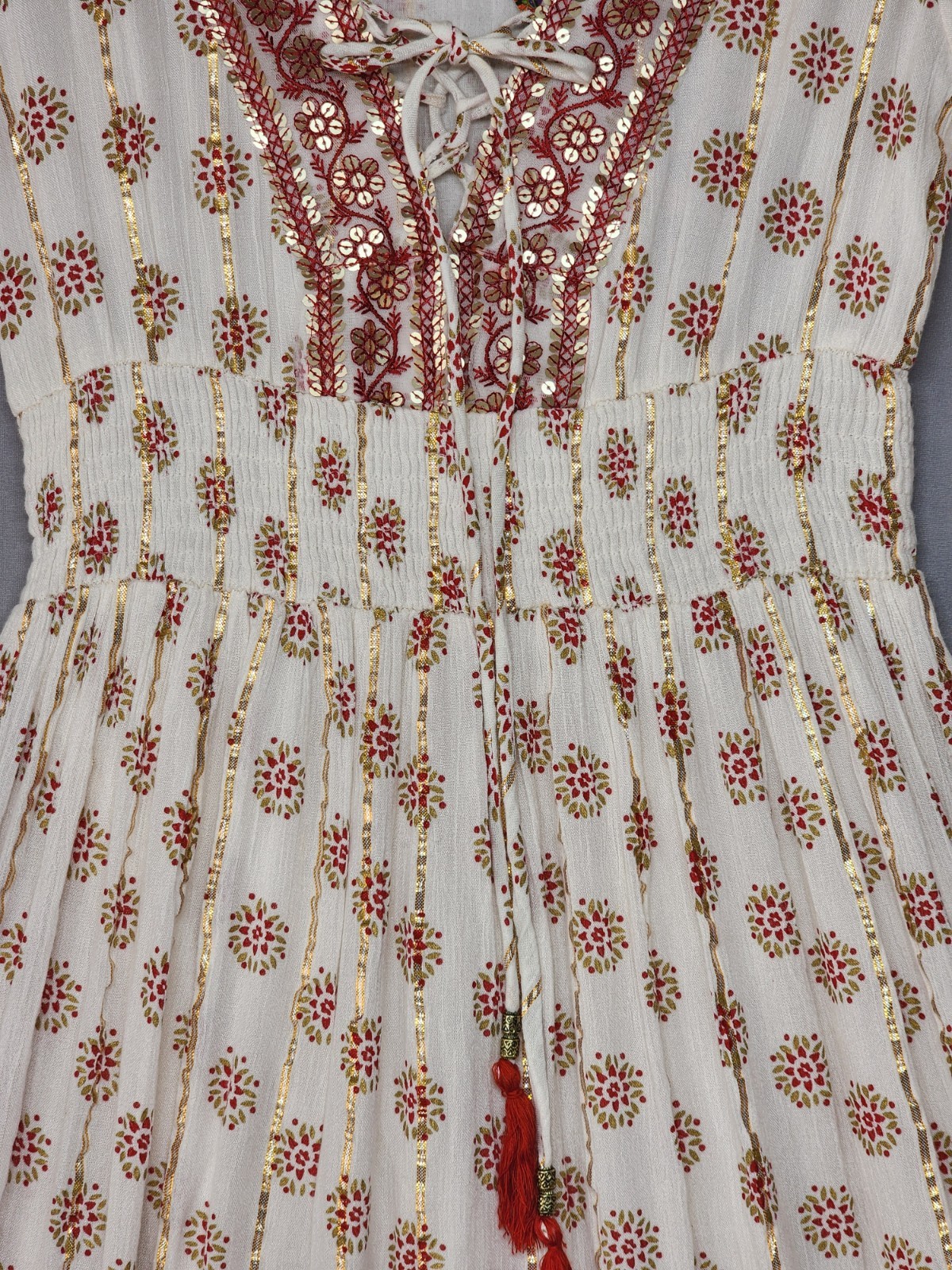 Anthropologie Me 2 Magic Size S Ivory Smocked Boho Maxi Dress Glitter Sequins
