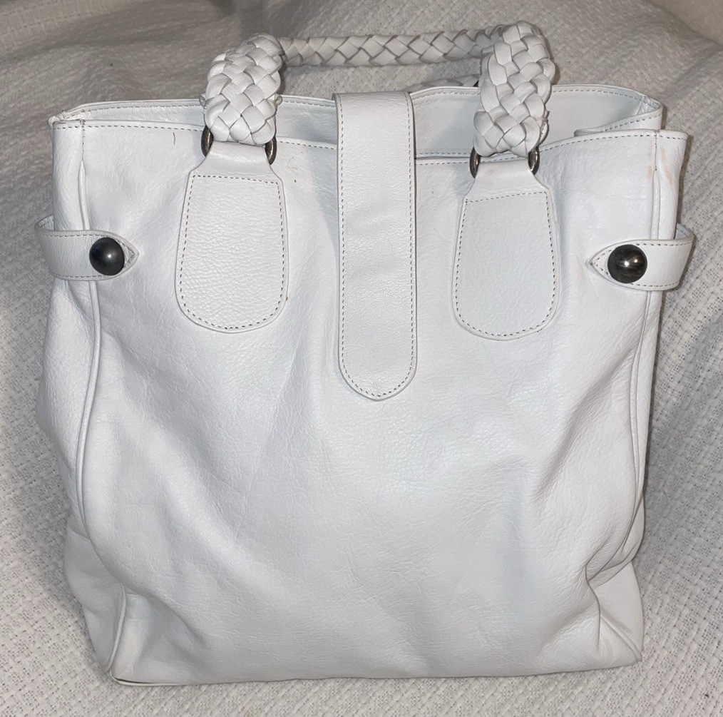 FALOR White Leather Large Tote Purse Bag Handbag-VERY NICE