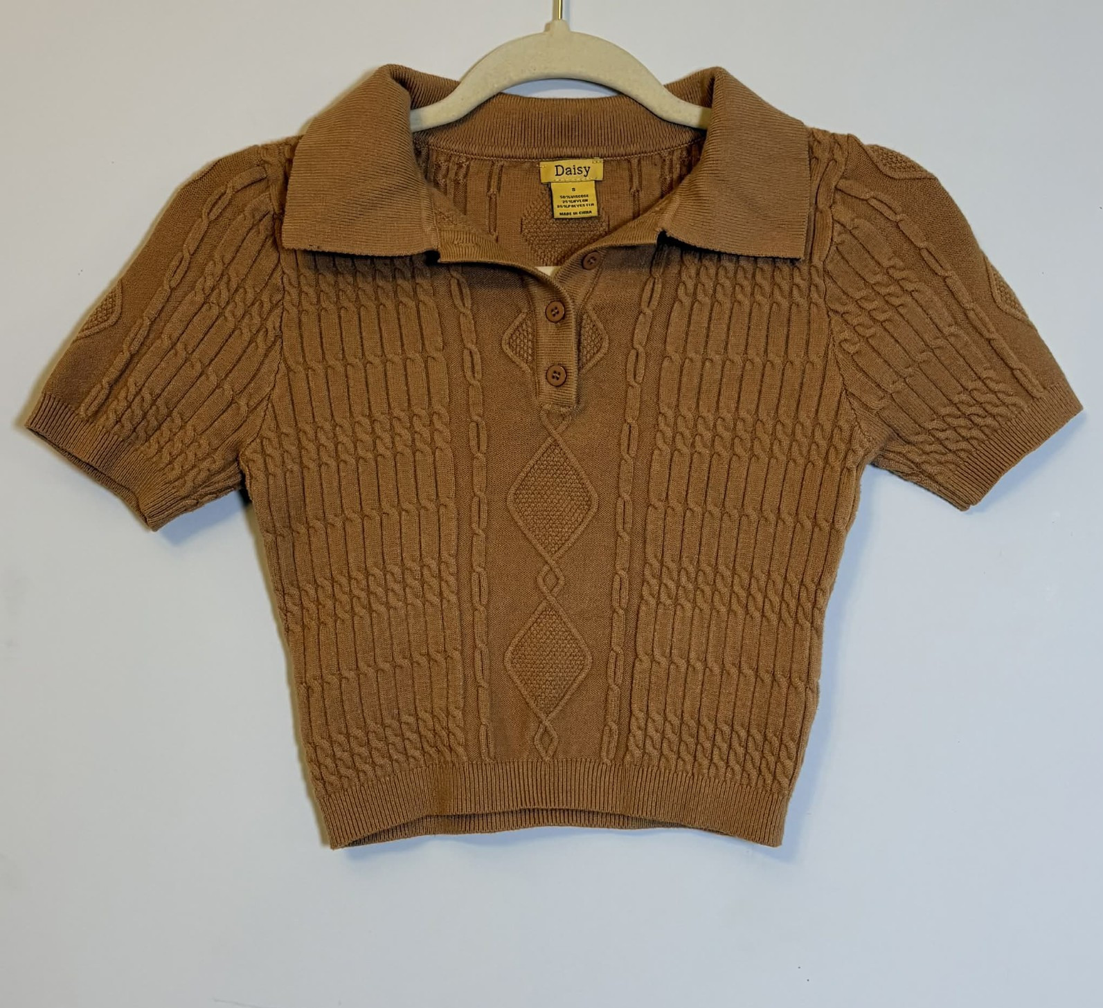 Daisy Brown Cable-Knit Collared Short Puff Sleeve Button Pullover Sweater S
