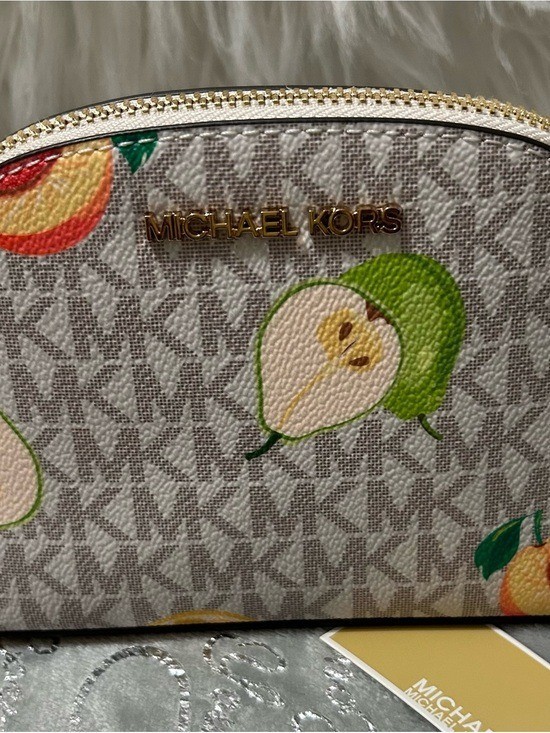 NWT Michael Kors Small, Beige Logo Cosmetic Pouch-Pink/Green/Yellow Fruit Print