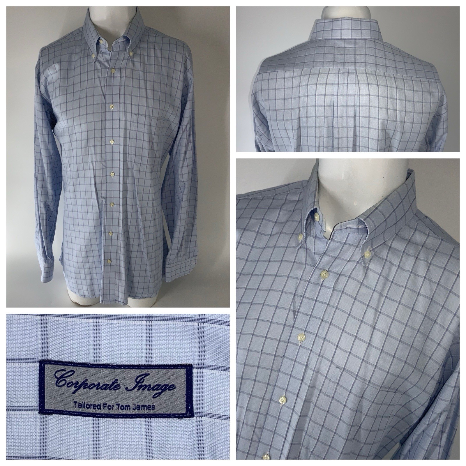 Tom James Corporate Image Dress Shirt Men 16 36 Blue Check Cotton USA YGI Q5-37