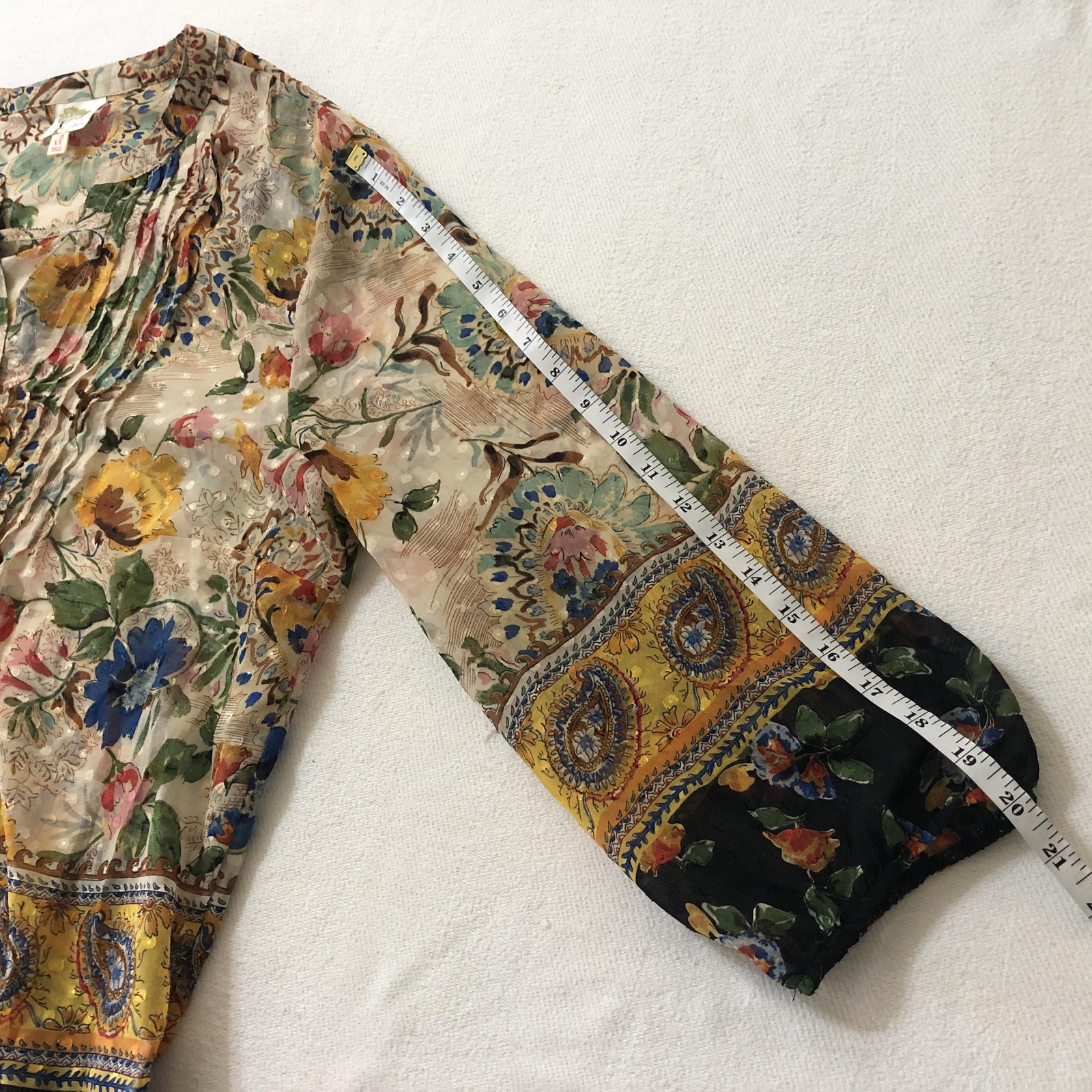Fig And Flower Top Womens XL Multicolor Floral Tunic Sheer Boho Peasant Blouse