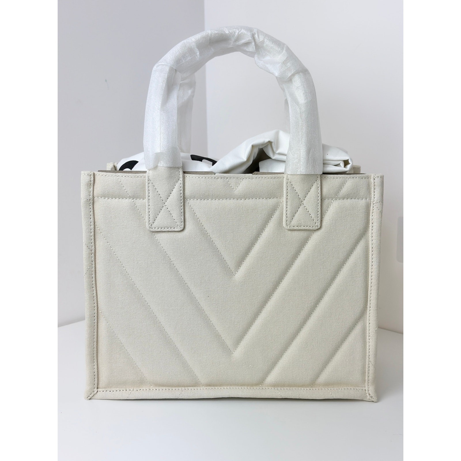 Sandro Kasbah Quilted Canvas Tote Bag Beige Cream Ecru Logo Minimalist $320 NWT