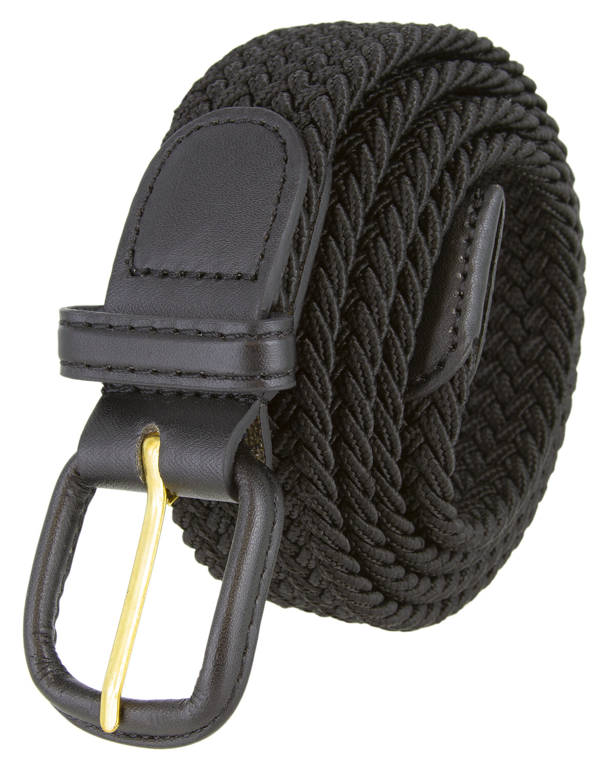 Black Stretch Belt Leather Covered Buckle Woven Elastic Stretch Belt 1-1/4″ Wide