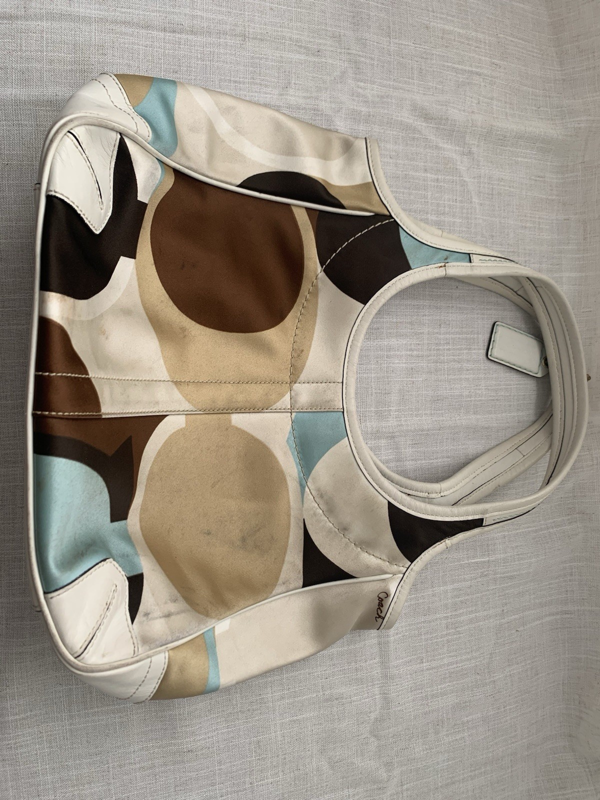 Coach Ergo 10783 Optic Scarf Print Satin Leather Tote Shoulder Bag Multicolor