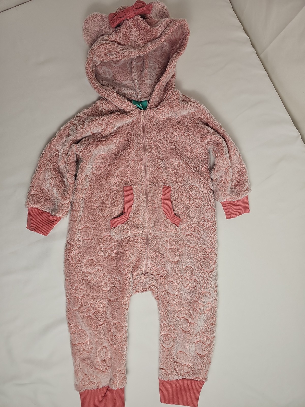 Disney Baby Pink Plush Hooded Fleece One Piece 6-9 Months Footless Romper