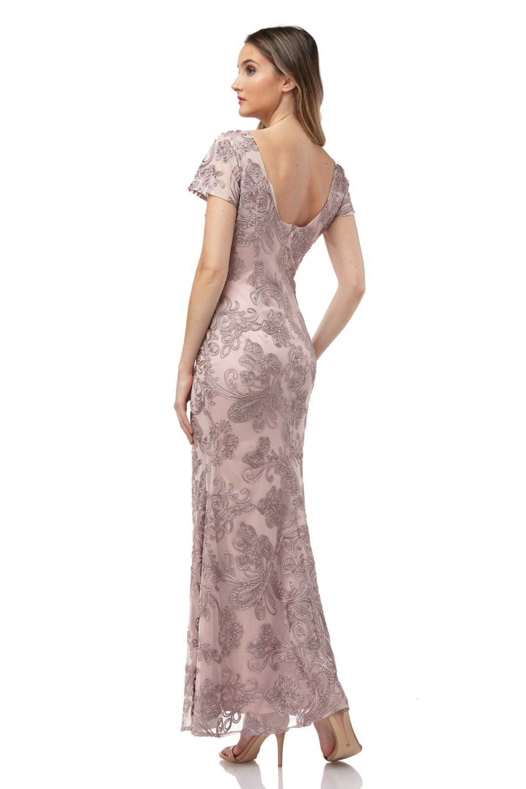 JS COLLECTIONS Maple Lavender Pink Floral Embroidered Lace A-Line Maxi Gown 6 S