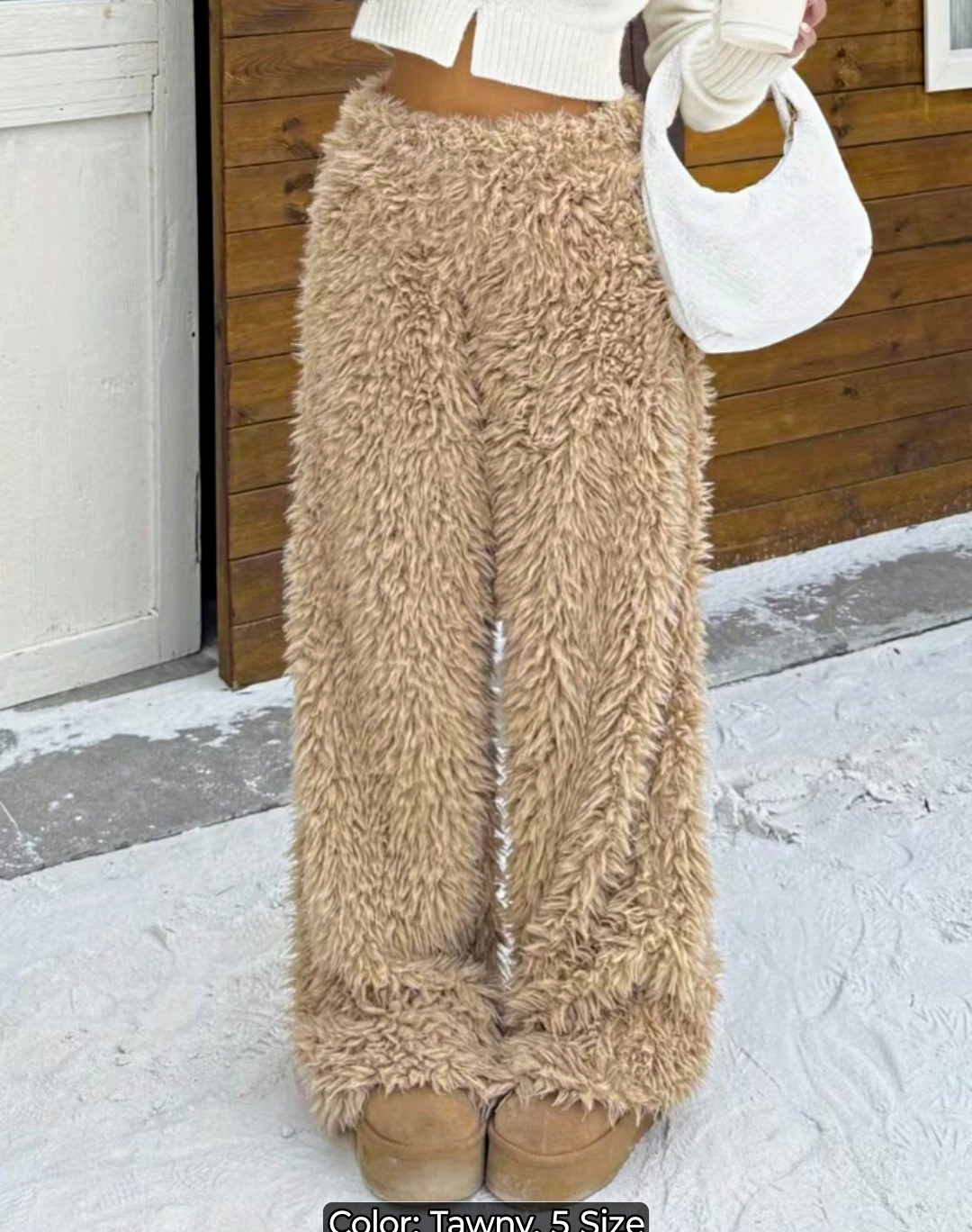 Women’s Tan Faux Fur Wide-Leg Pants, Elastic Waist, Relaxed Fit, Size M