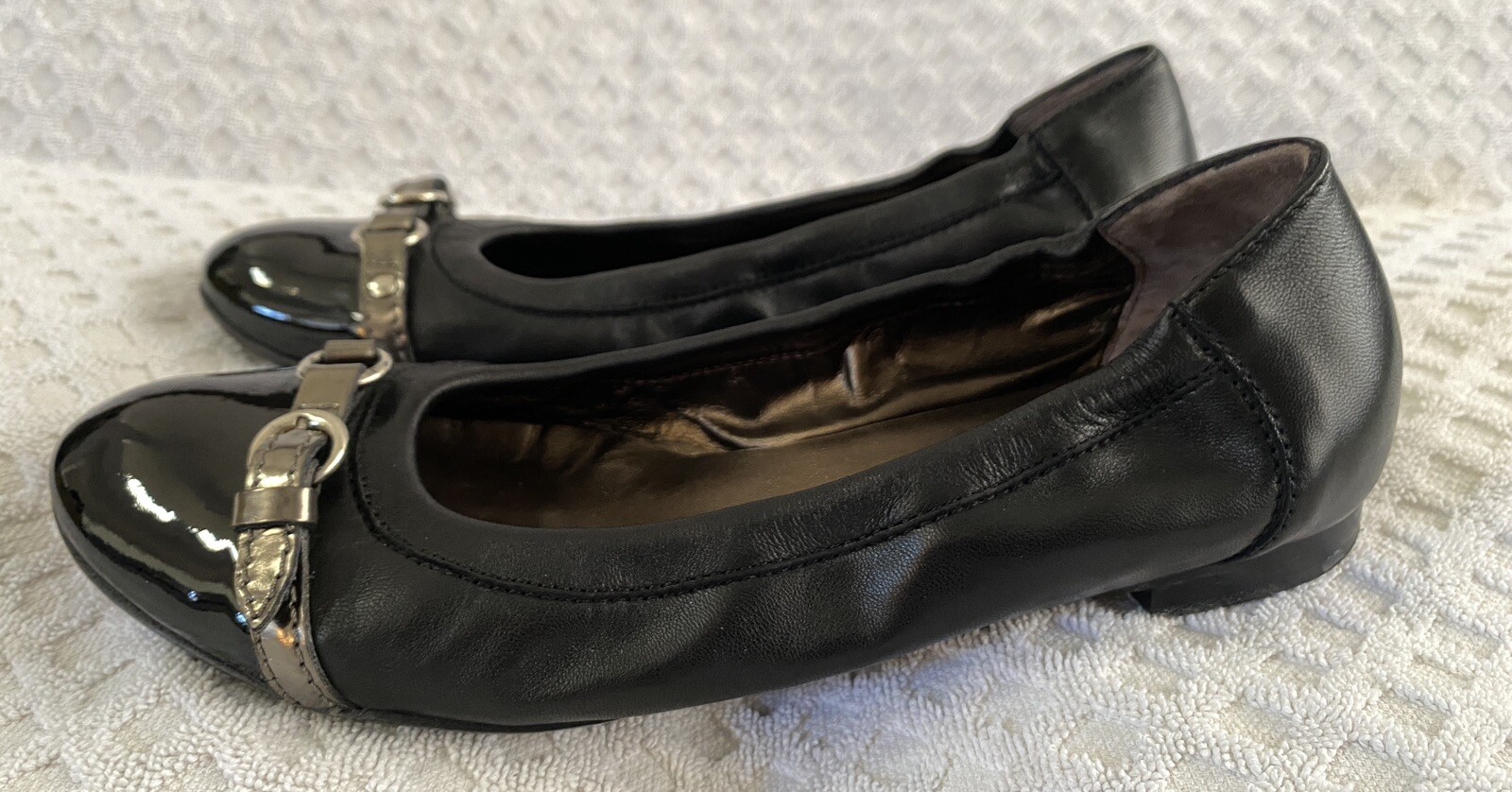 AGL Monika Cap Toe Ballet Flats Black Patent Leather Bronze Size 38.5 US 8.5
