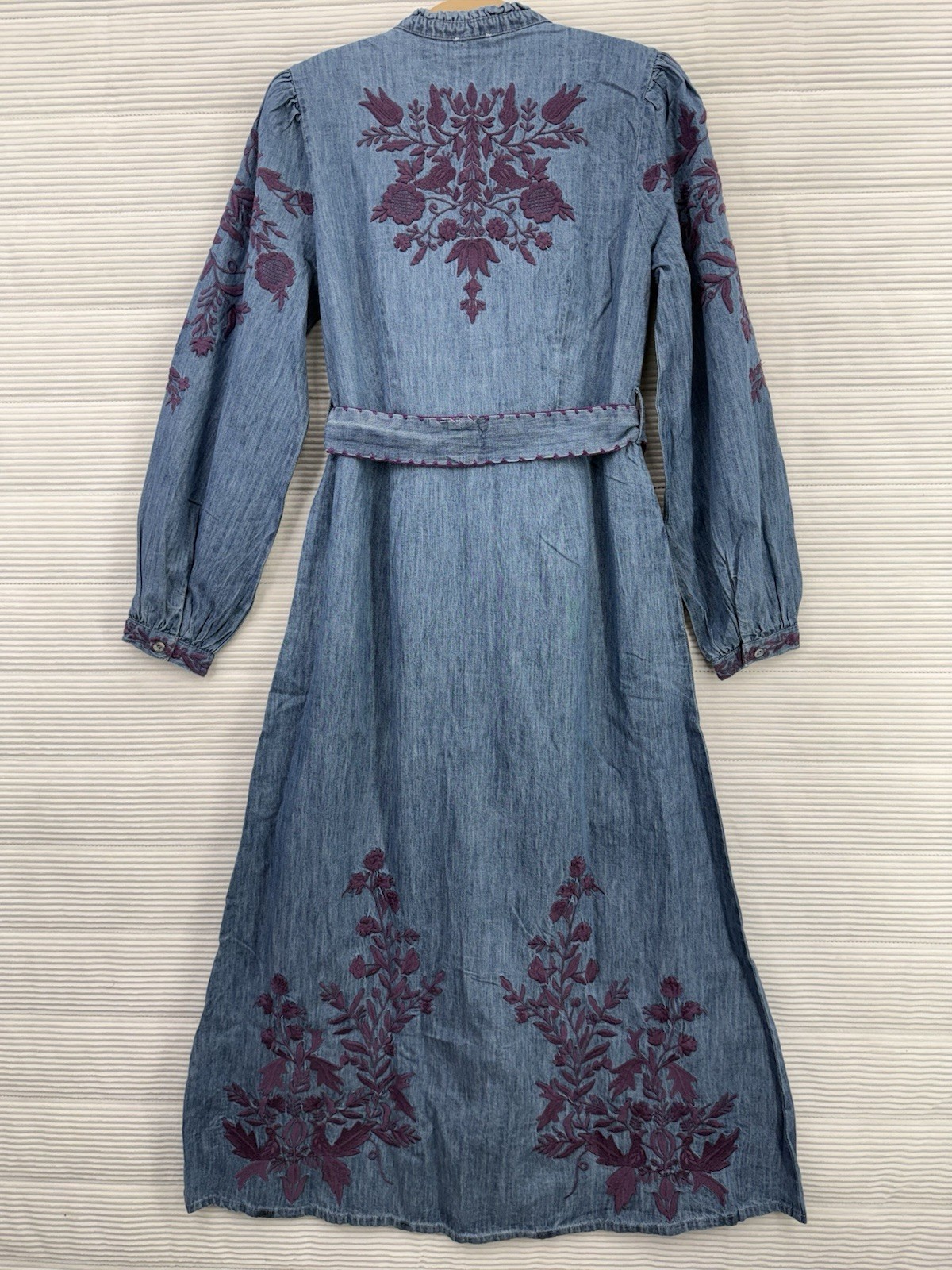 Sundance Catalog Jenny Mae Embroidered Denim Dress Belted Maxi Size S