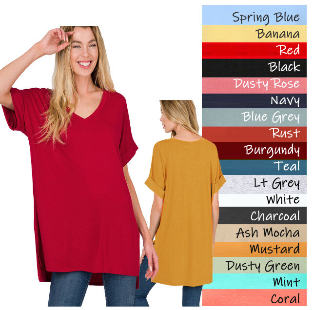 (ZENANA) Rolled Short Sleeve Side Slit Hi-Low Hem Top_ Regular and Plus Size