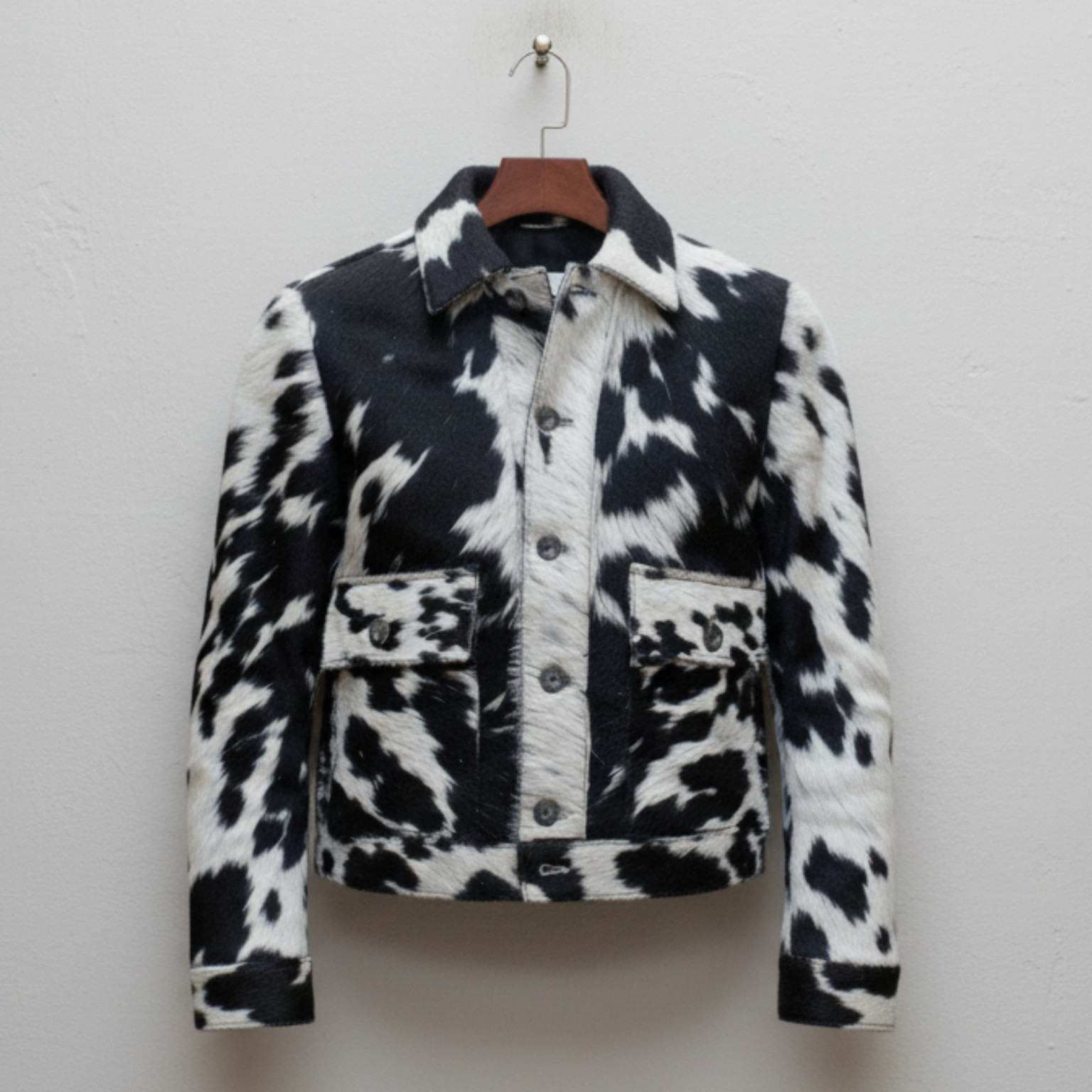 Handmade Hair-On Leather Coat, Western Spotted Fur Jacket, Button-Up Statement