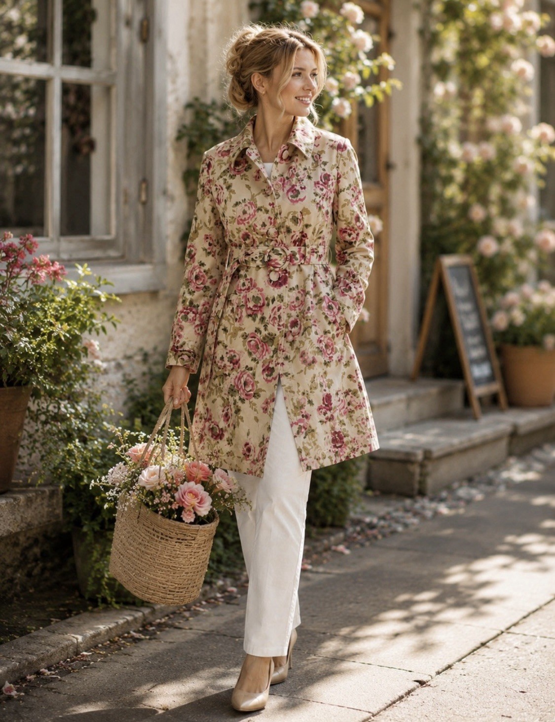 Madison Studio Floral Romantic Rose Print Belted Trench Coat Size 10 Cotton