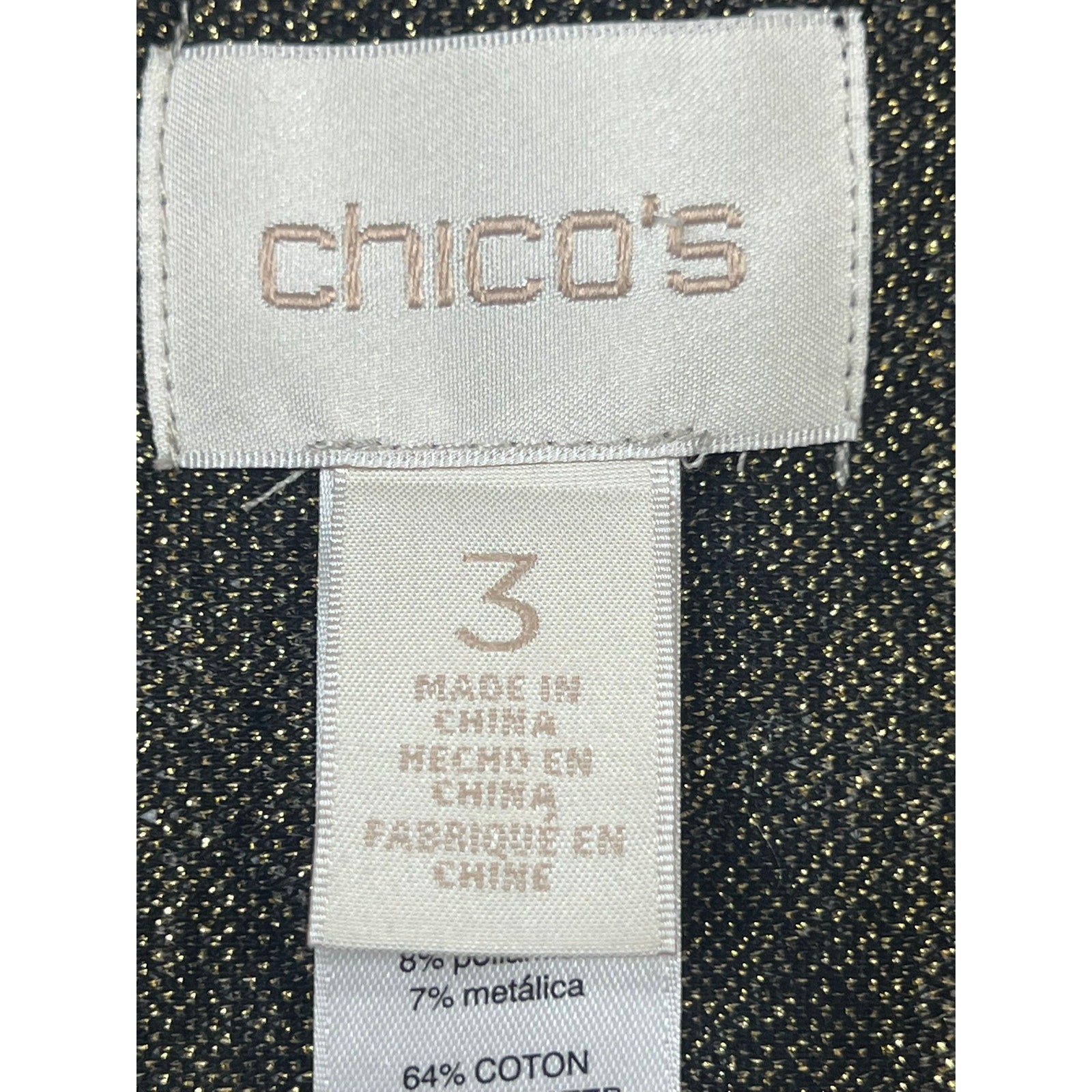 Chico’s Women’s Size 3-XL Open Front Longline Duster Jacket Black Gold Metallic