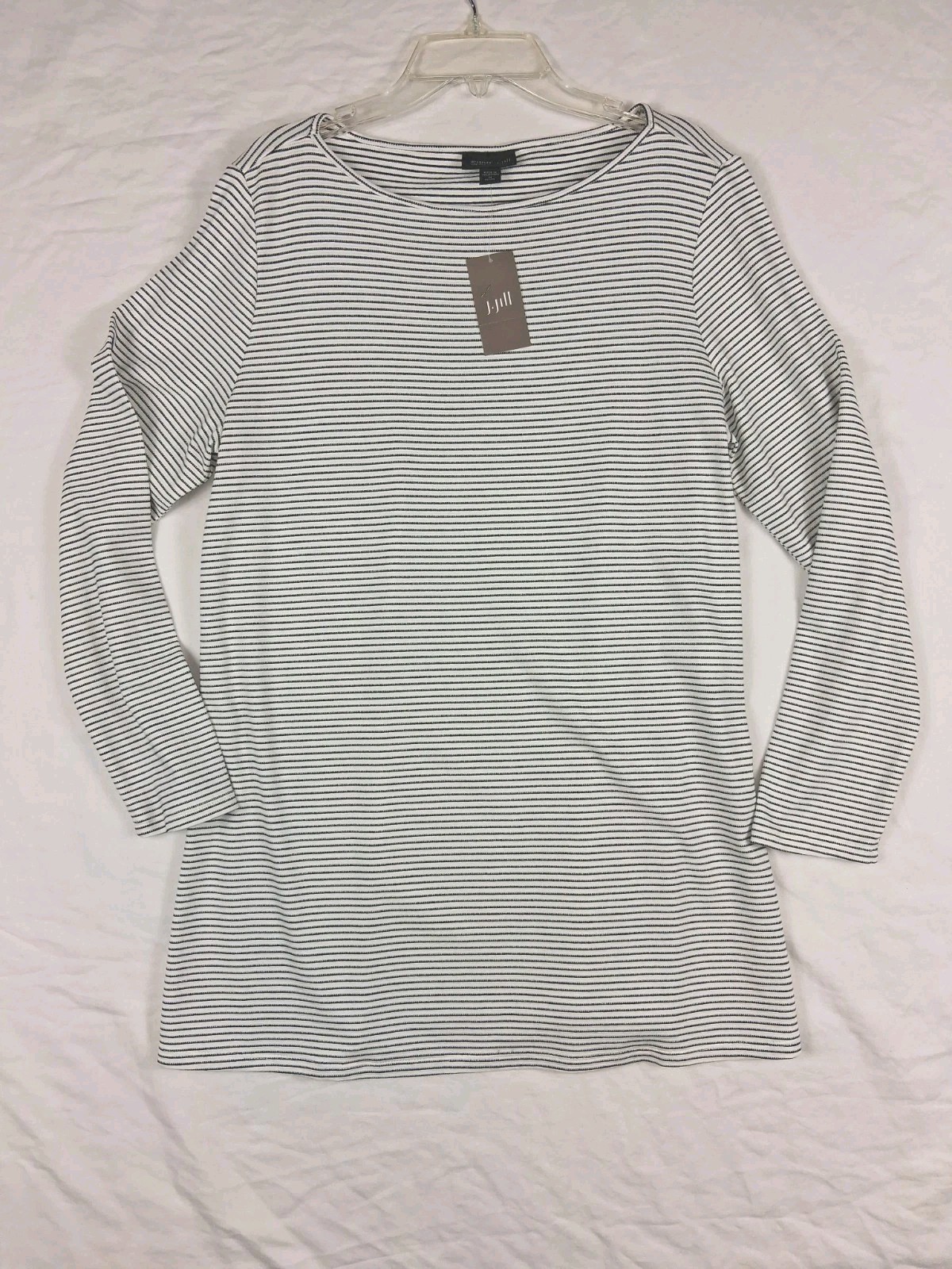 ​J Jill Wearever Womens Top NWT Medium MP Petite Black White Striped Boatneck
