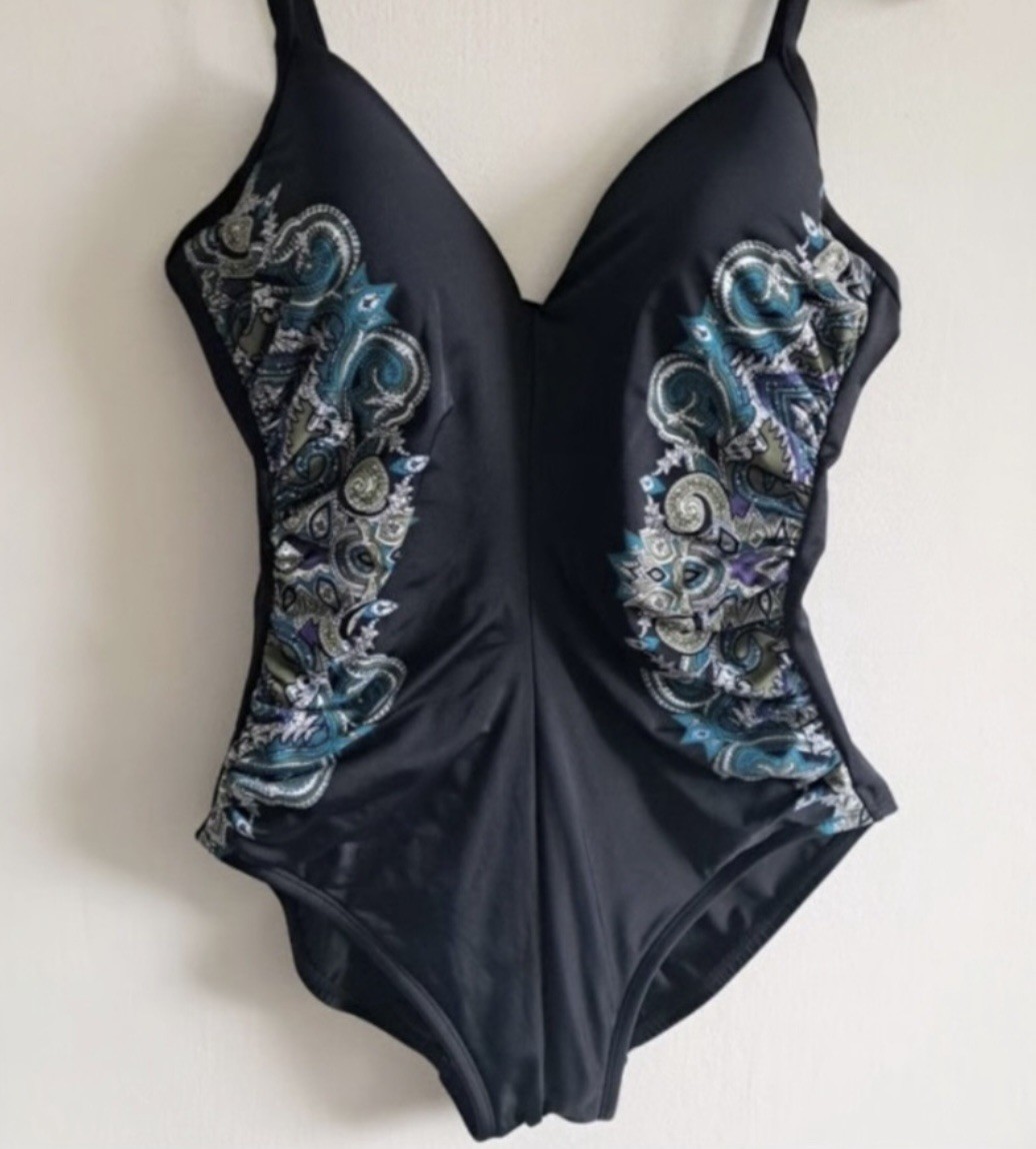 Miraclesuit Temptation Underwire 18DD Swimsuit 1-Piece Black w/Turquoise Multi