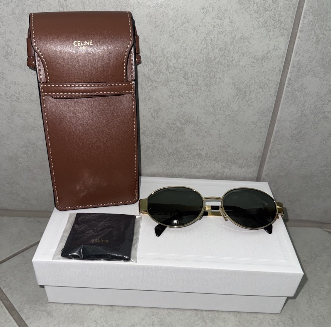 AUTH New Celine Triomphe Metal 01 Sunglasses Gold/Green Chic Classic