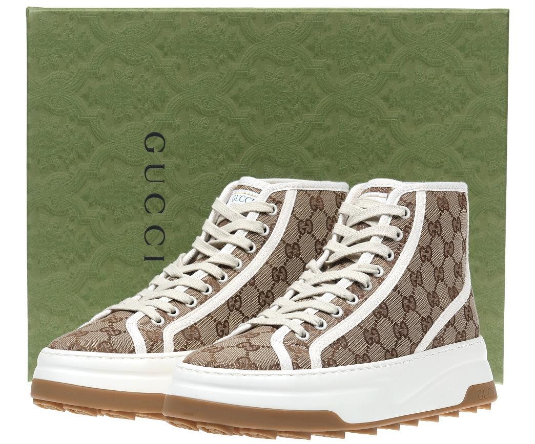 NEW GUCCI BEIGE EBONY CANVAS HIGH TOP SNEAKERS SHOES 6/US 6.5