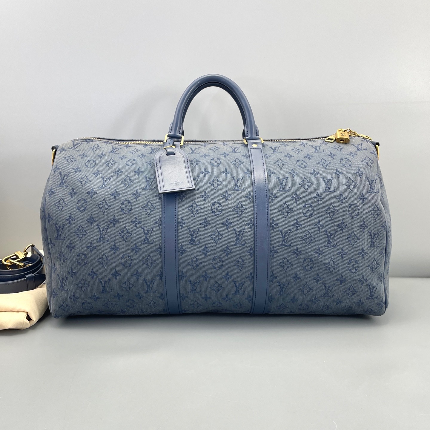 AUTH LOUIS VUITTON LV Keepall 50 Blue Denim Canvas Travel Duffle Bag.