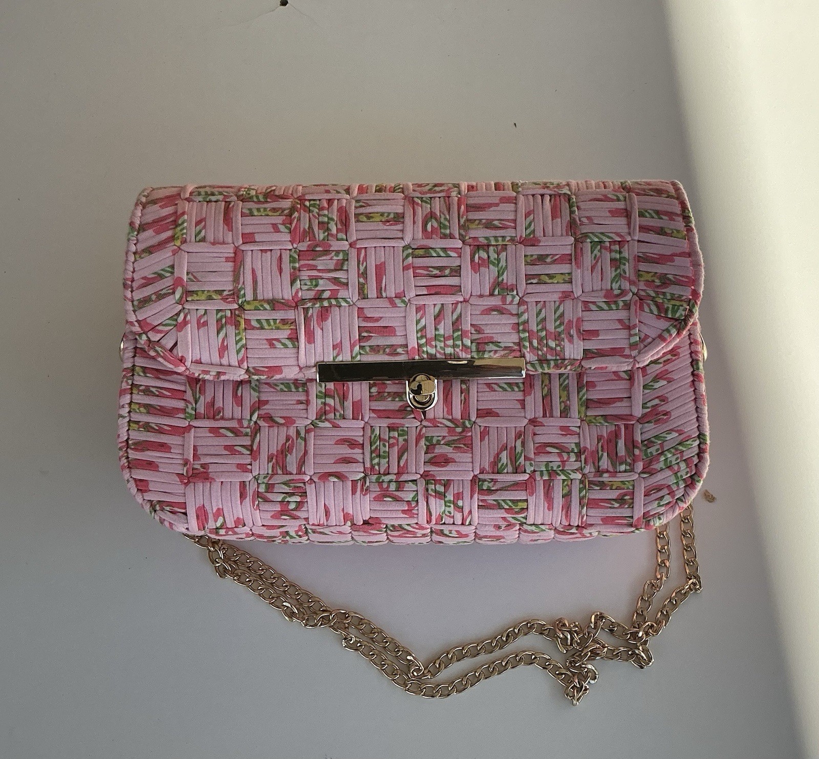 Pink Small Rectangle Shoulder Bag Turn Lock Gold Hardware Chain Strap Colorful