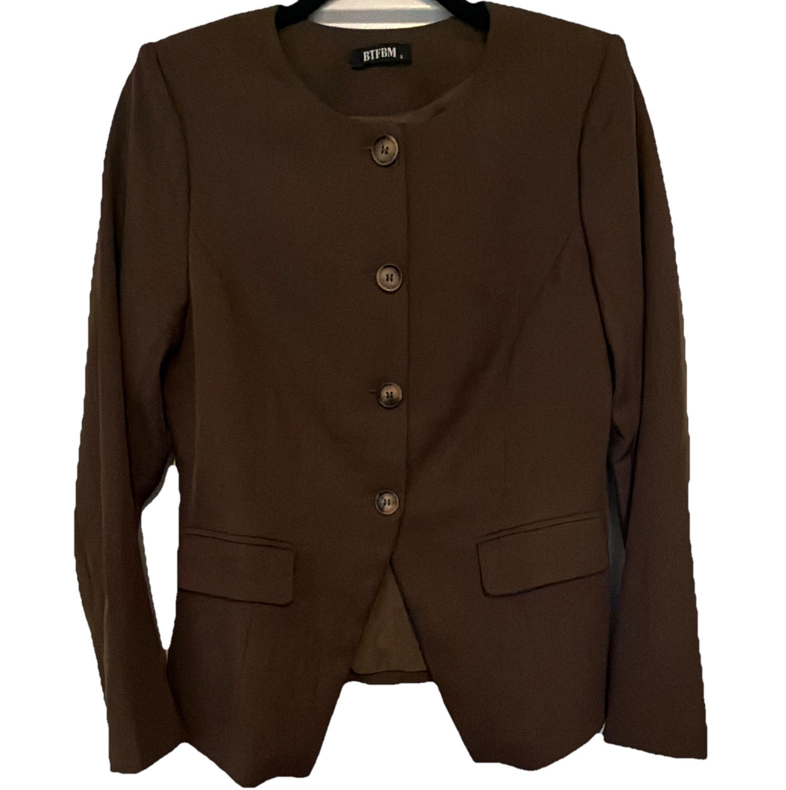 BTFBM Brown Collarless Button-Front Blazer Jacket | Women’s Cardigan Coat