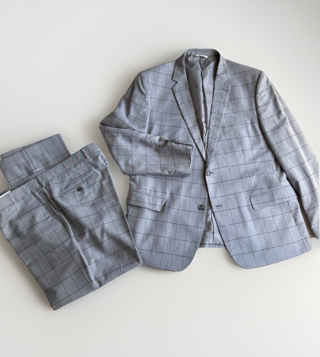 Lineage Mens 2pc Window Pane Suit 48R 40W Polyester Blend Light Grey Stretch
