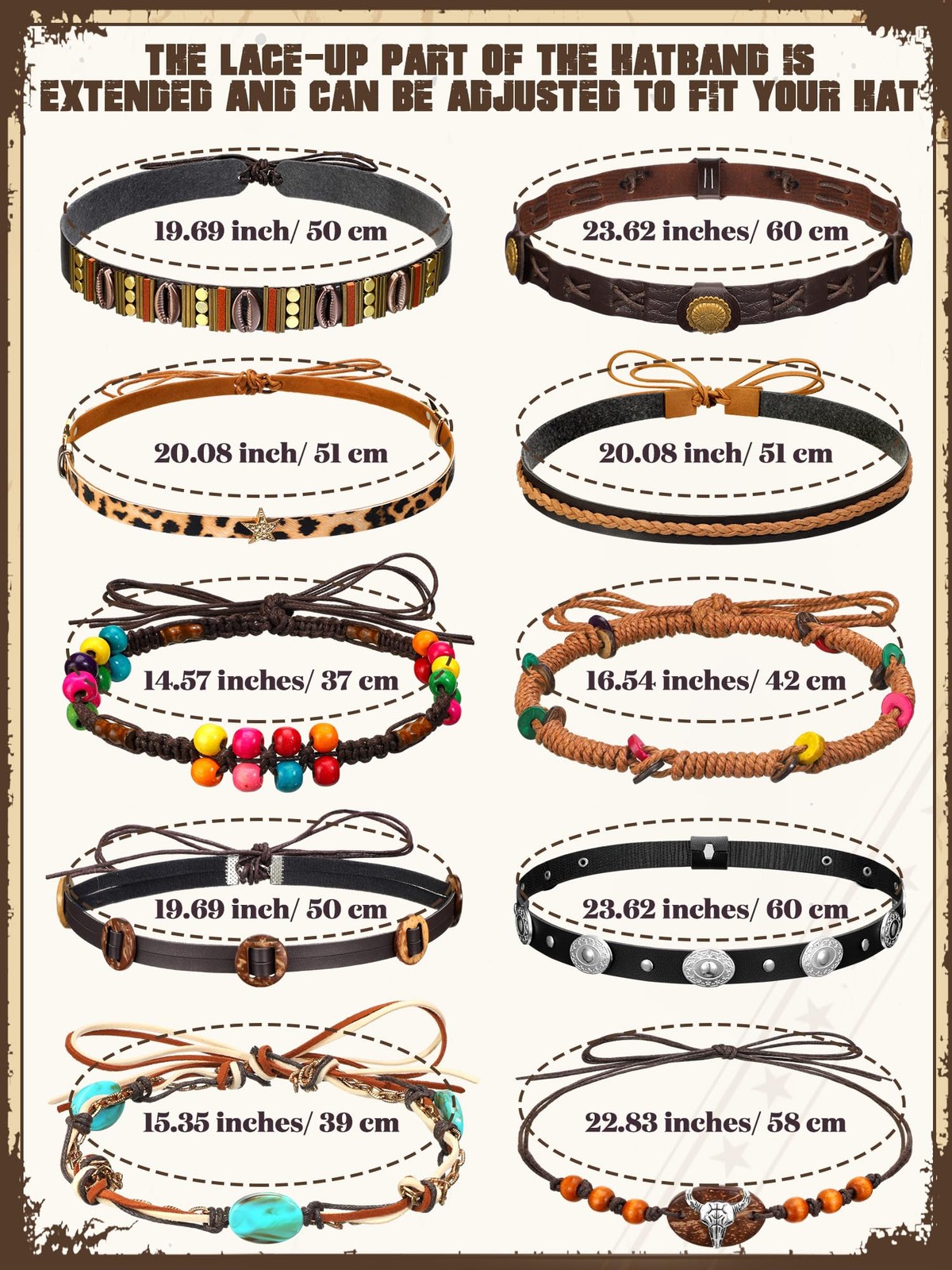 Zeyune 10 Pcs Cowboy Hat Bands 10 Count (Pack of 1), as shown in the picture