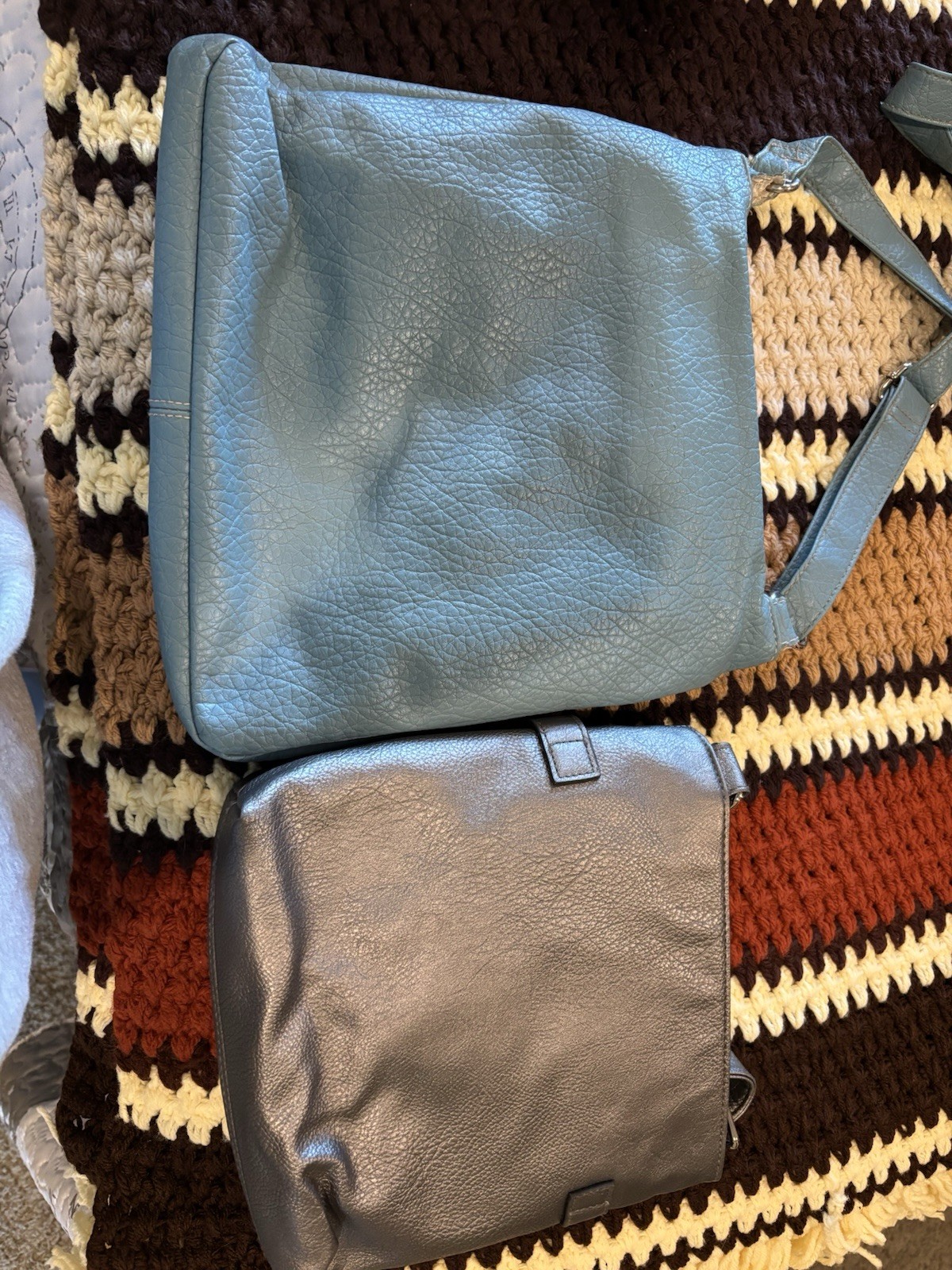 Lot of 2 Blue & Gray Rosetti Crossbody Bags, lighter blue w tear shown. AS IS