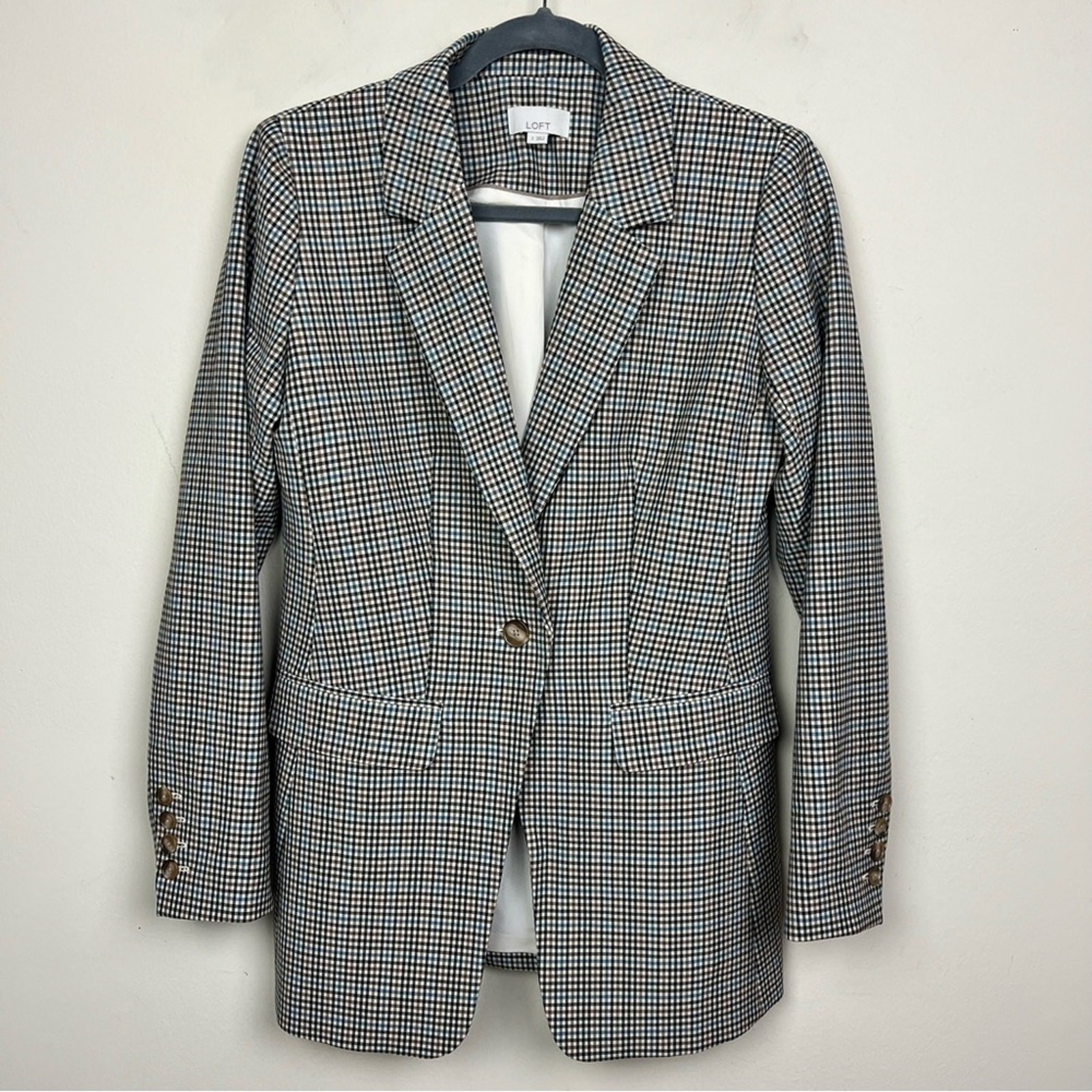 LOFT Checked Long Modern Blazer 2 Women’s Classic Brown Blue Tan Casual Chic