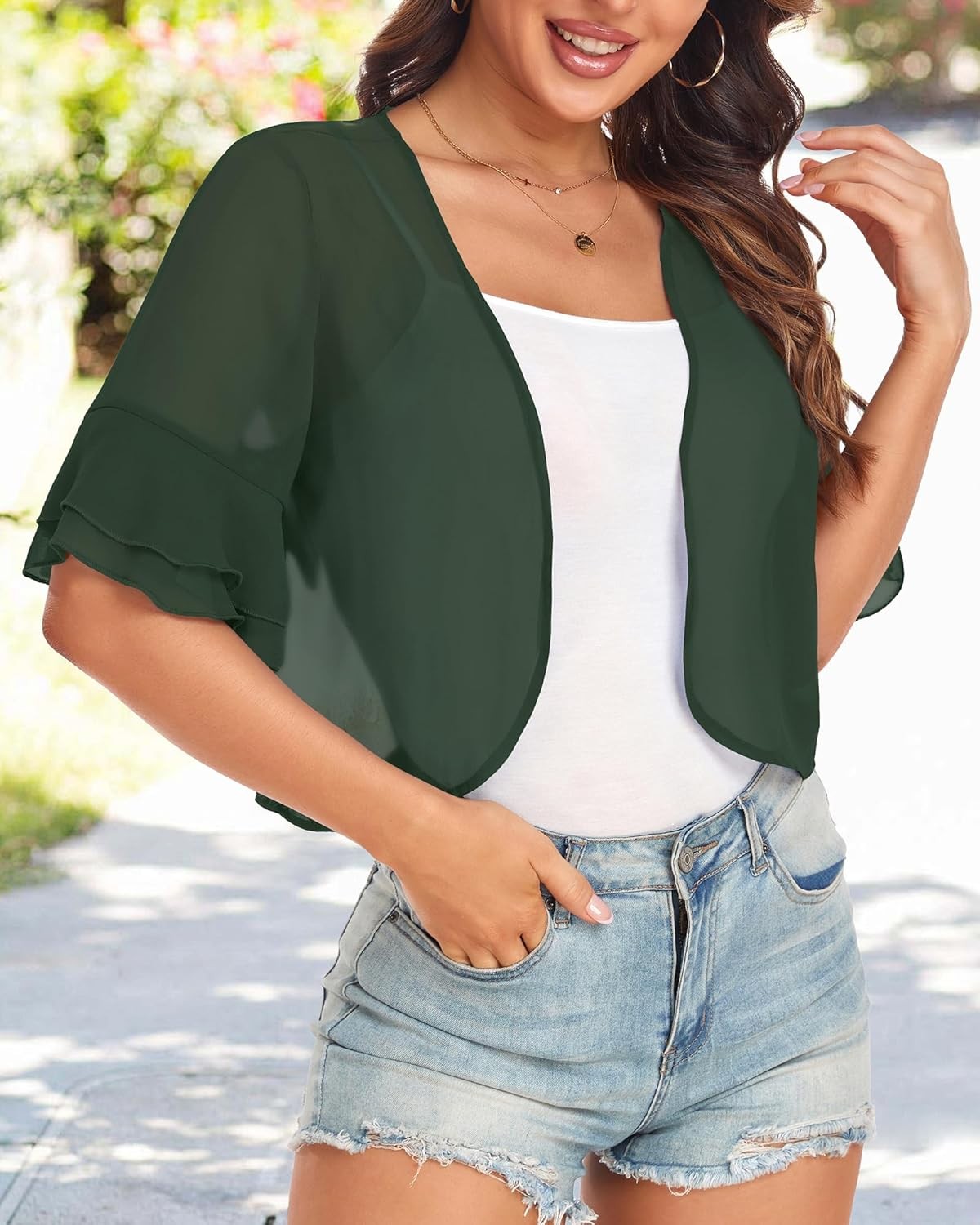 Womens Short Sleeve Shrug Open Front Sheer Ruffle Cardigan Lightweight Jacket