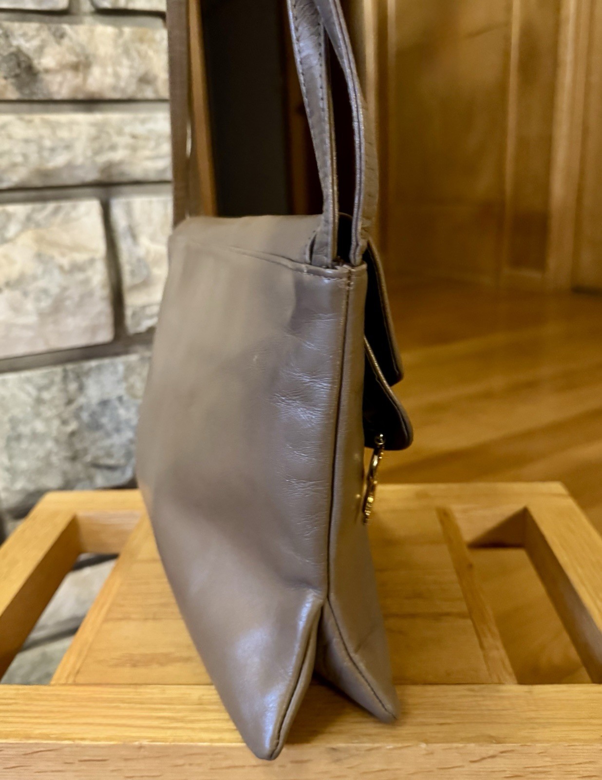 Italian Leather Shoulder Bag 2 Flap Tan Saddlebag Divided Purse Gold Logo Fob