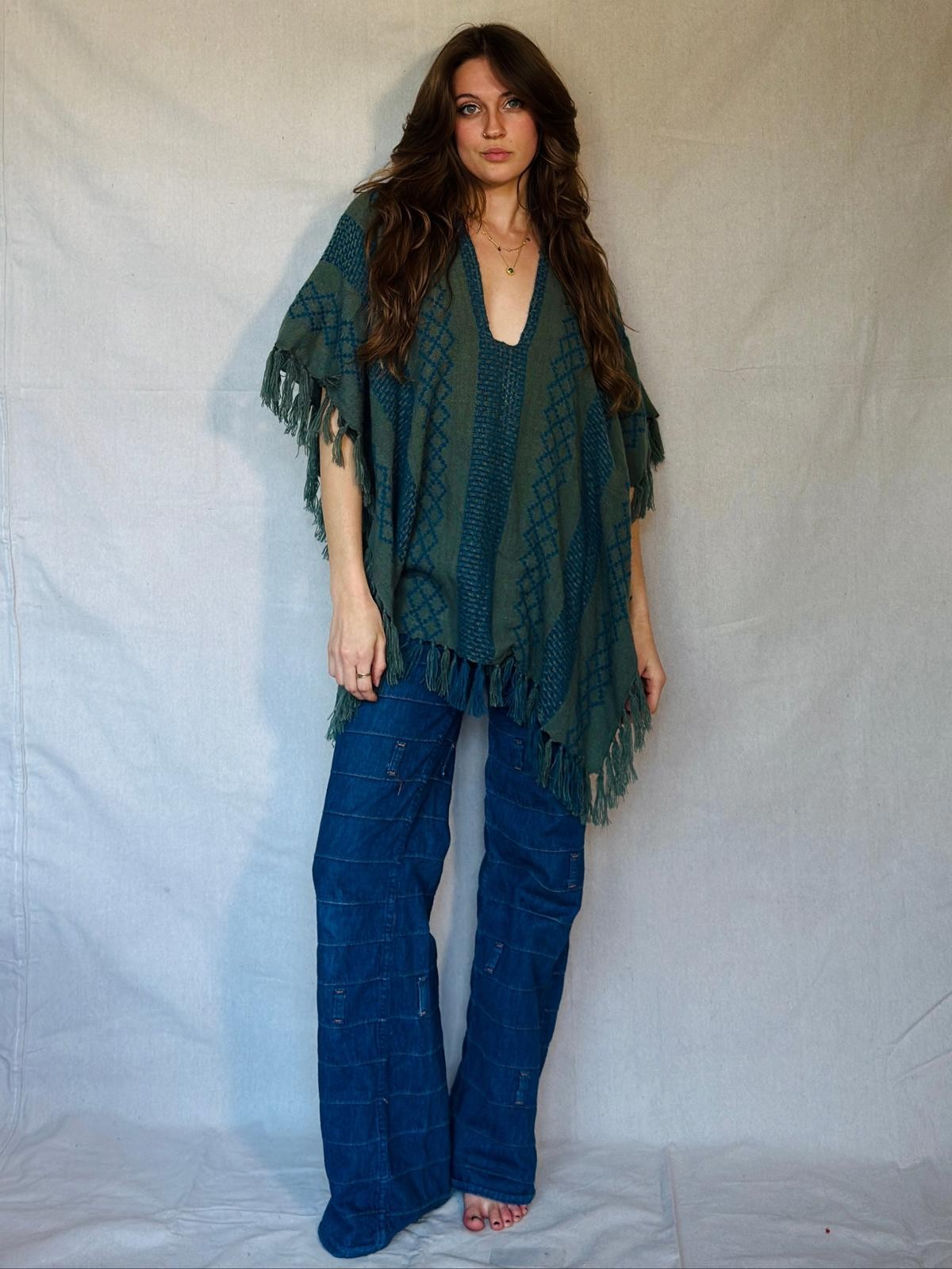 Free People Blue and Grey Fringe Poncho (Modern)