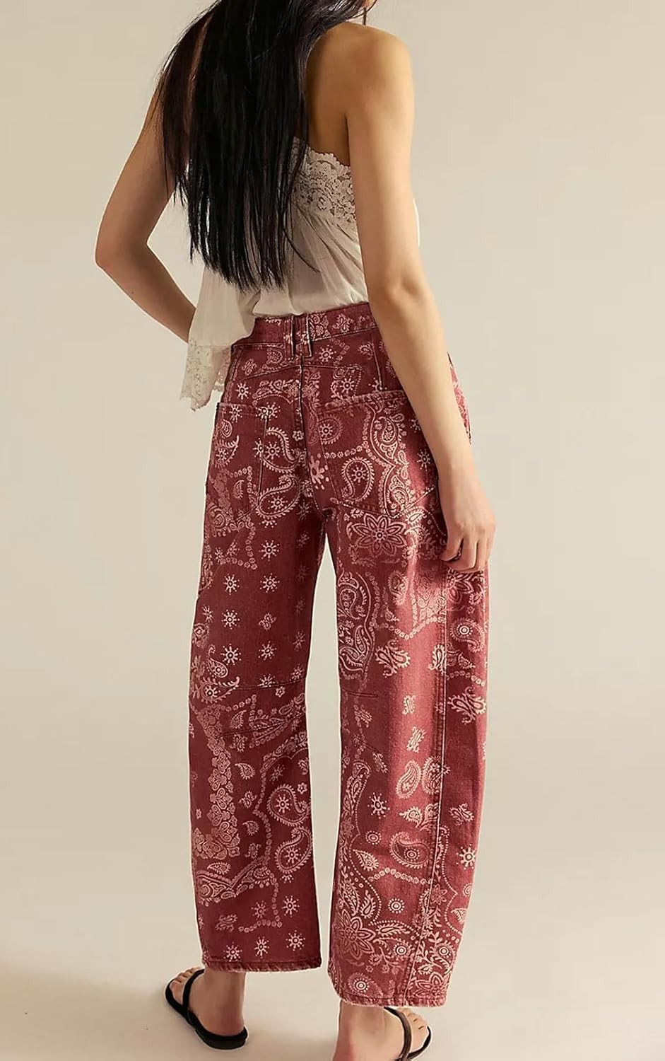 Loveimgs Women Boyfriend Baggy Barrel Jeans Floral Print Denim Ankle Pants SMALL
