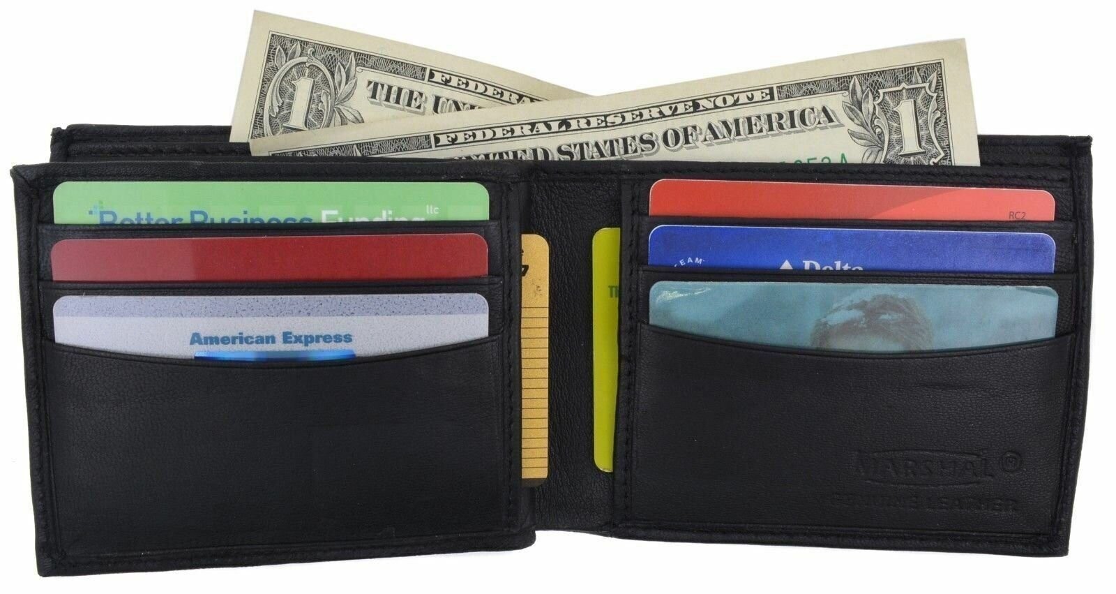 Mens Bifold Center Flap Lambskin Leather Wallet and Credit Card Holder
