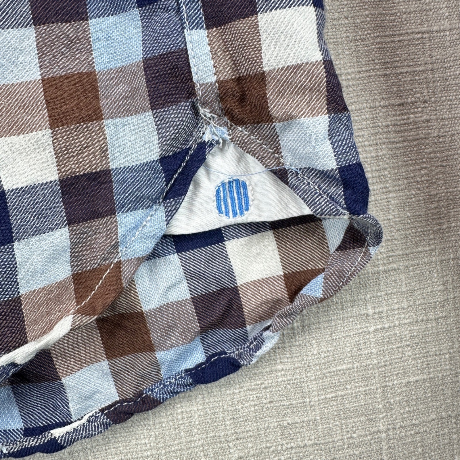 Haspel New Orleans Button Down Shirt Mens Small Blue Brown Gingham Plaid Cotton