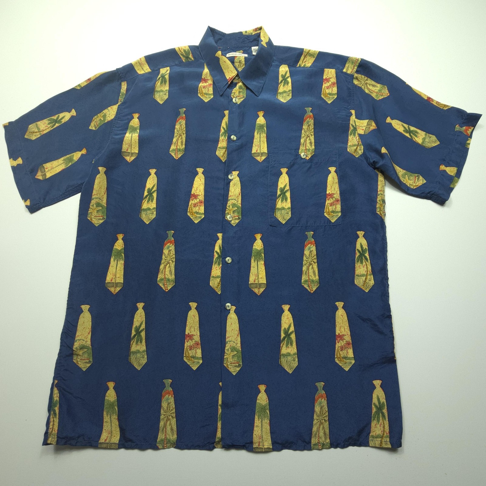 VTG Burma Bibas Mens Shirt Large Blue Silk Novelty Tie Print Hawaiian Aloha Camp