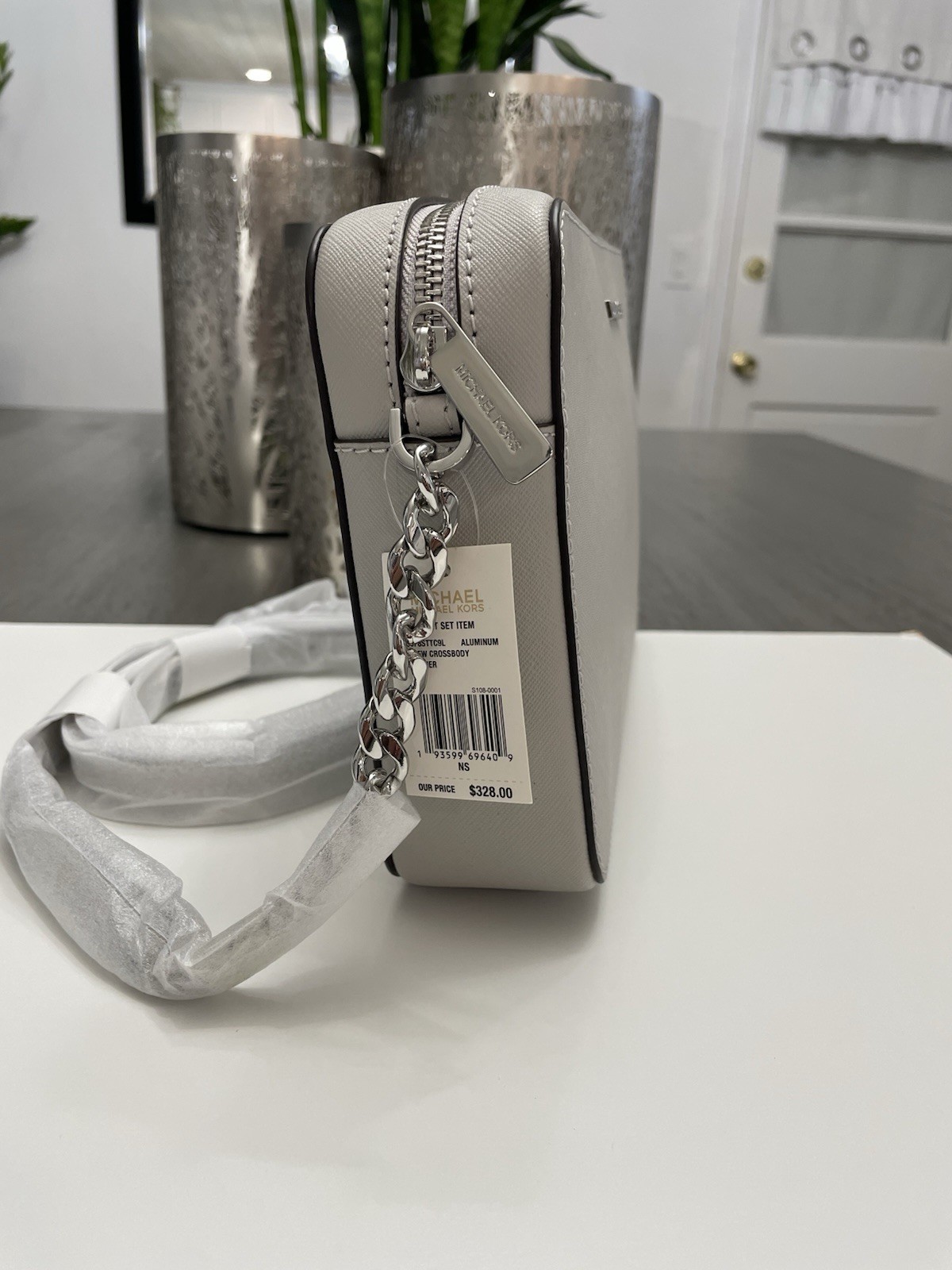 Michael Kors Jet Set LG EW Crossbody Saffiano Leather Aluminum + Pouch