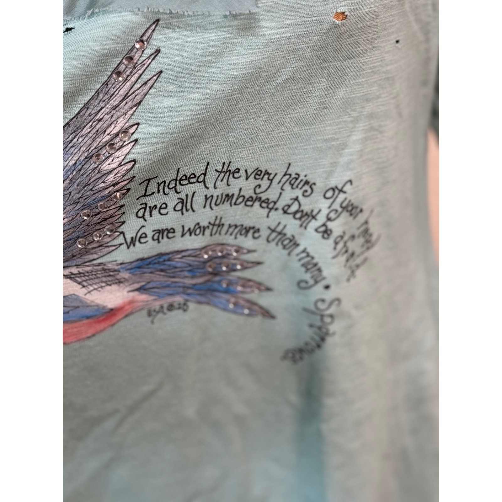 A Rare Bird Blue Distressed Sparrow Scripture Tunic 3/4 Sleeve Tee L/XL NWT