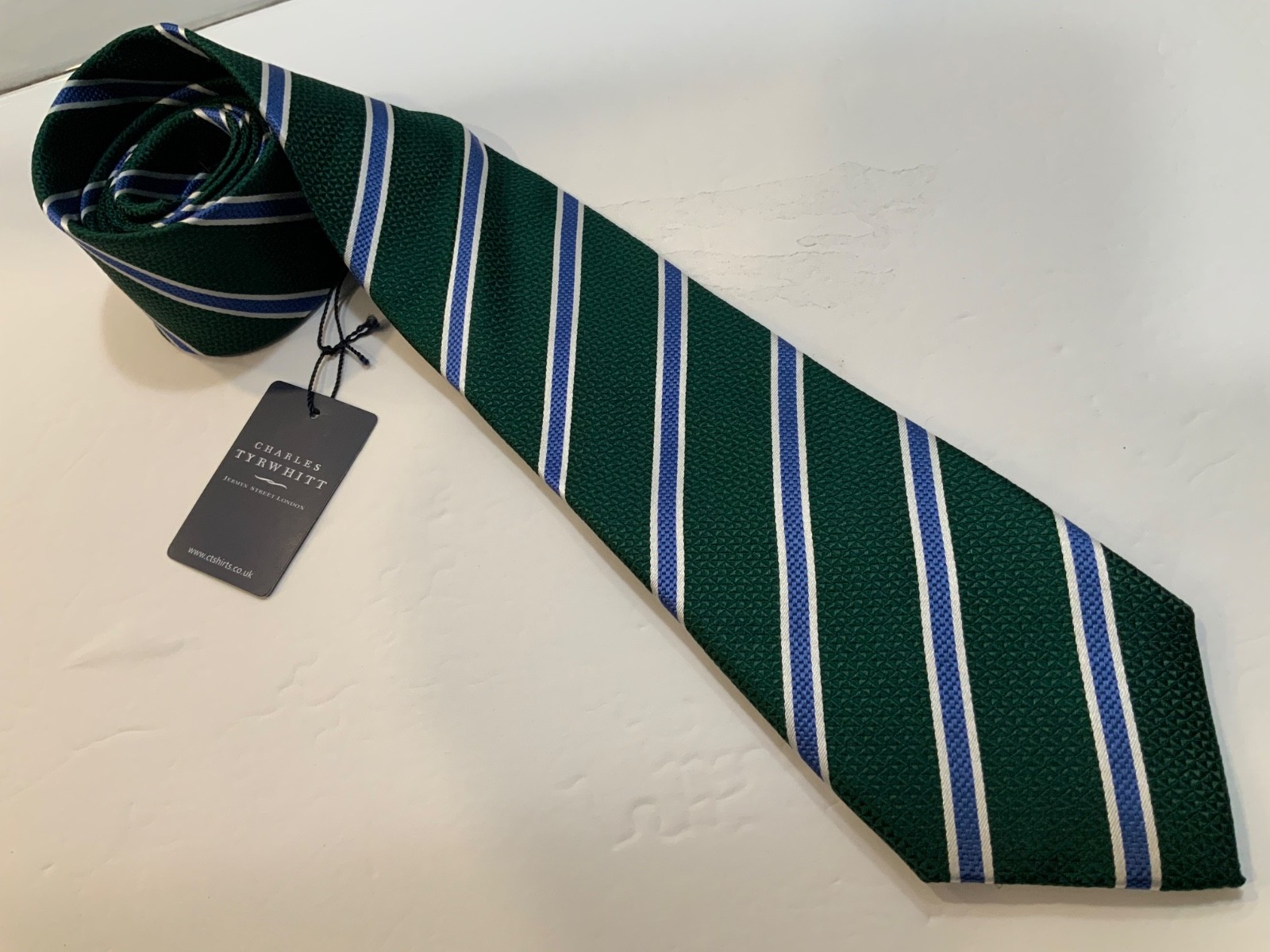 Charles Tyrwhitt Textured Green & Blue stripe Silk Men’s Tie 3.25”x58” NWT