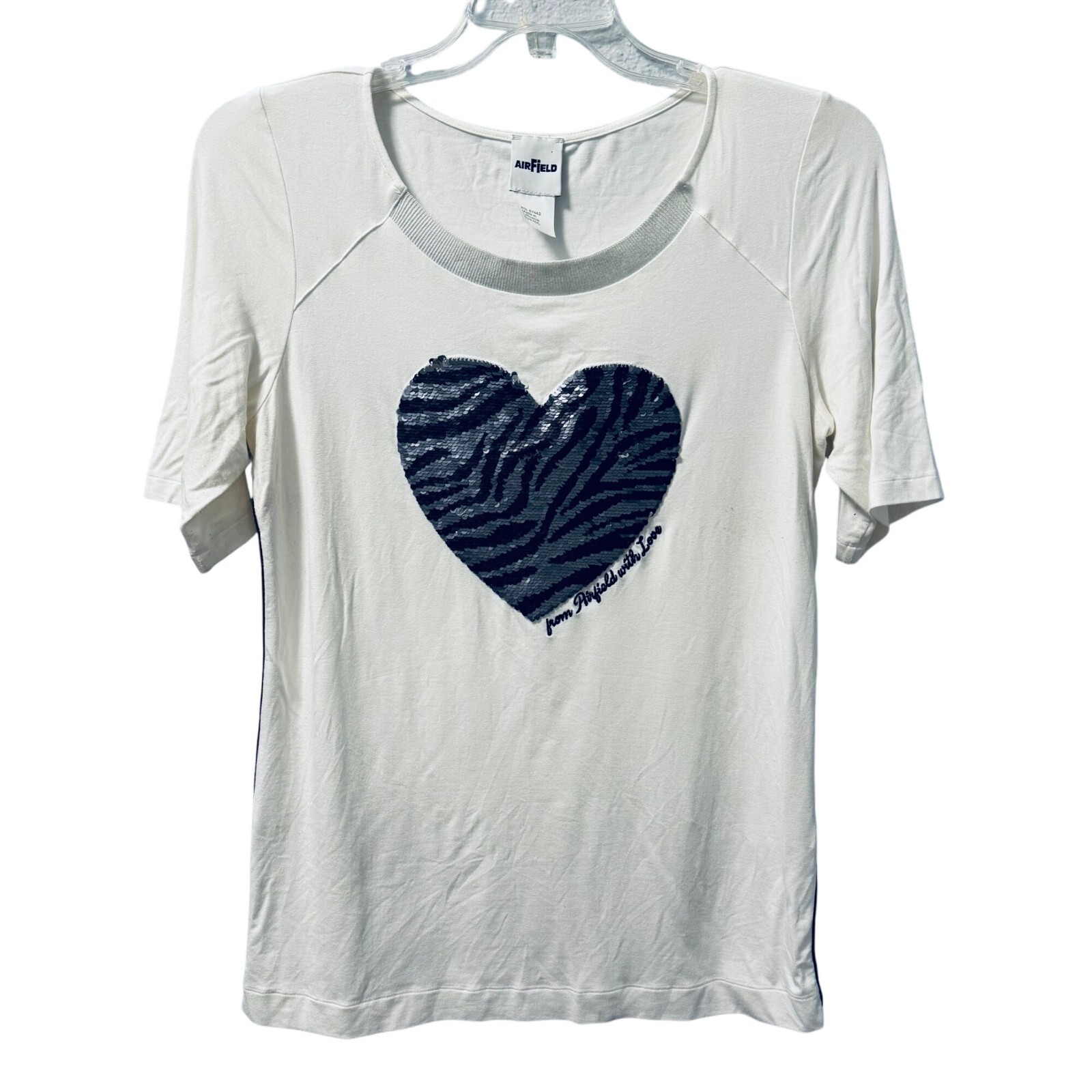 AirField Womens White Short Sleeve Top With Sequin Zebra Heart Design Size L