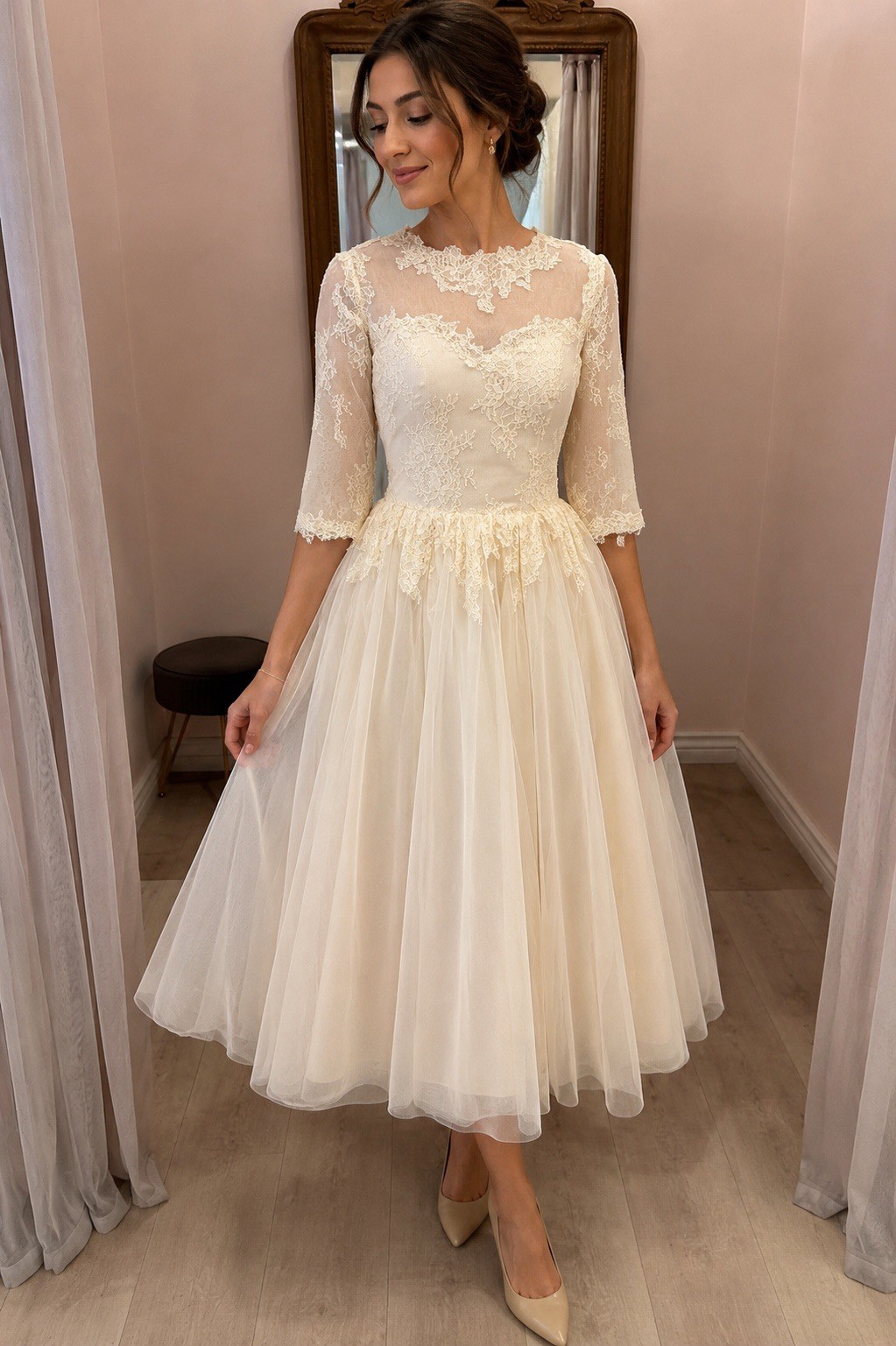 Ivory Lace A-Line Tea-Length Wedding Dress Illusion Neck 3/4 Sleeve Zipper