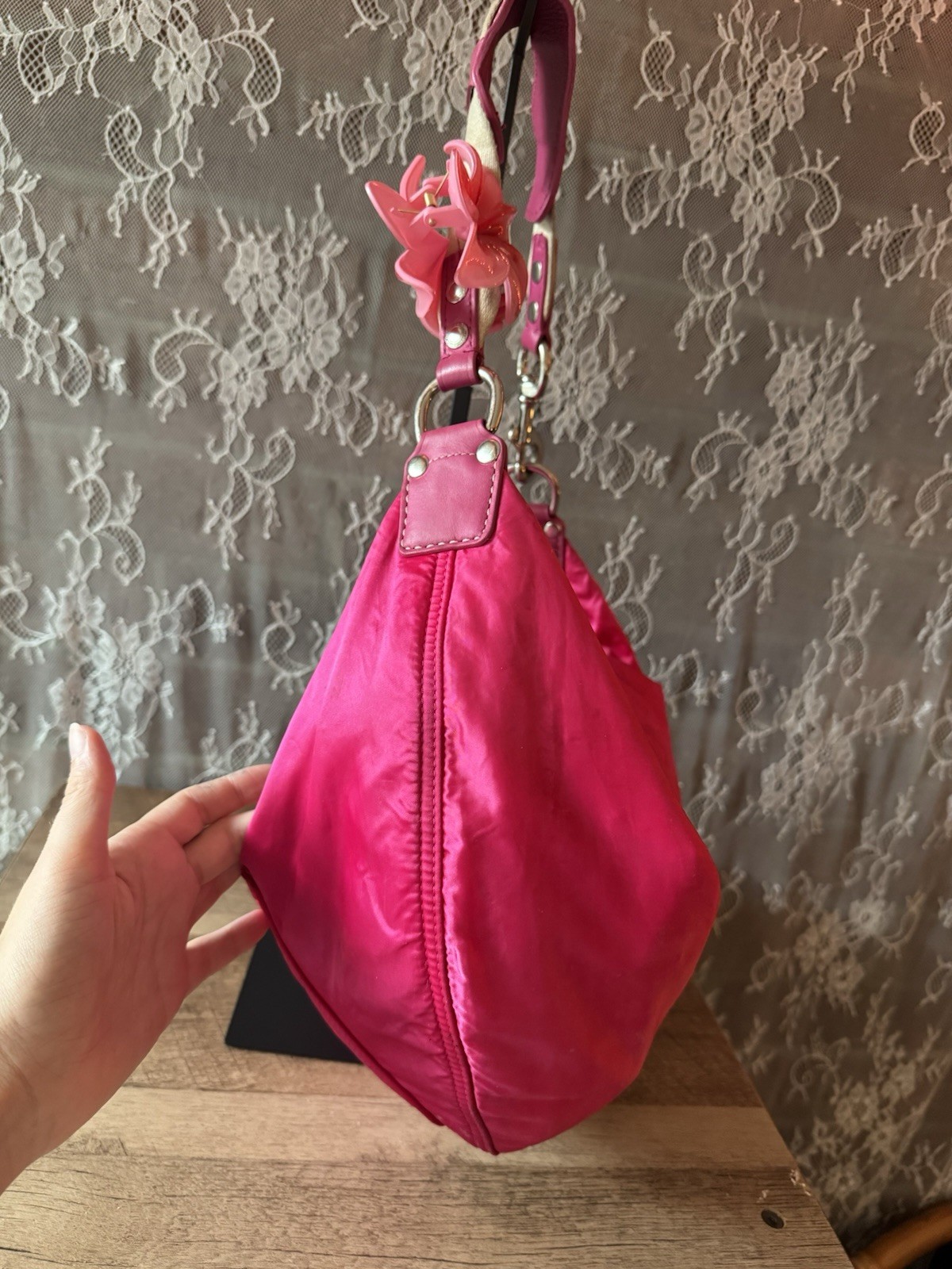 Y2K Coach Pink Ergo Hobo Crescent Nylon Leather Shoulder Bag Silver hardware