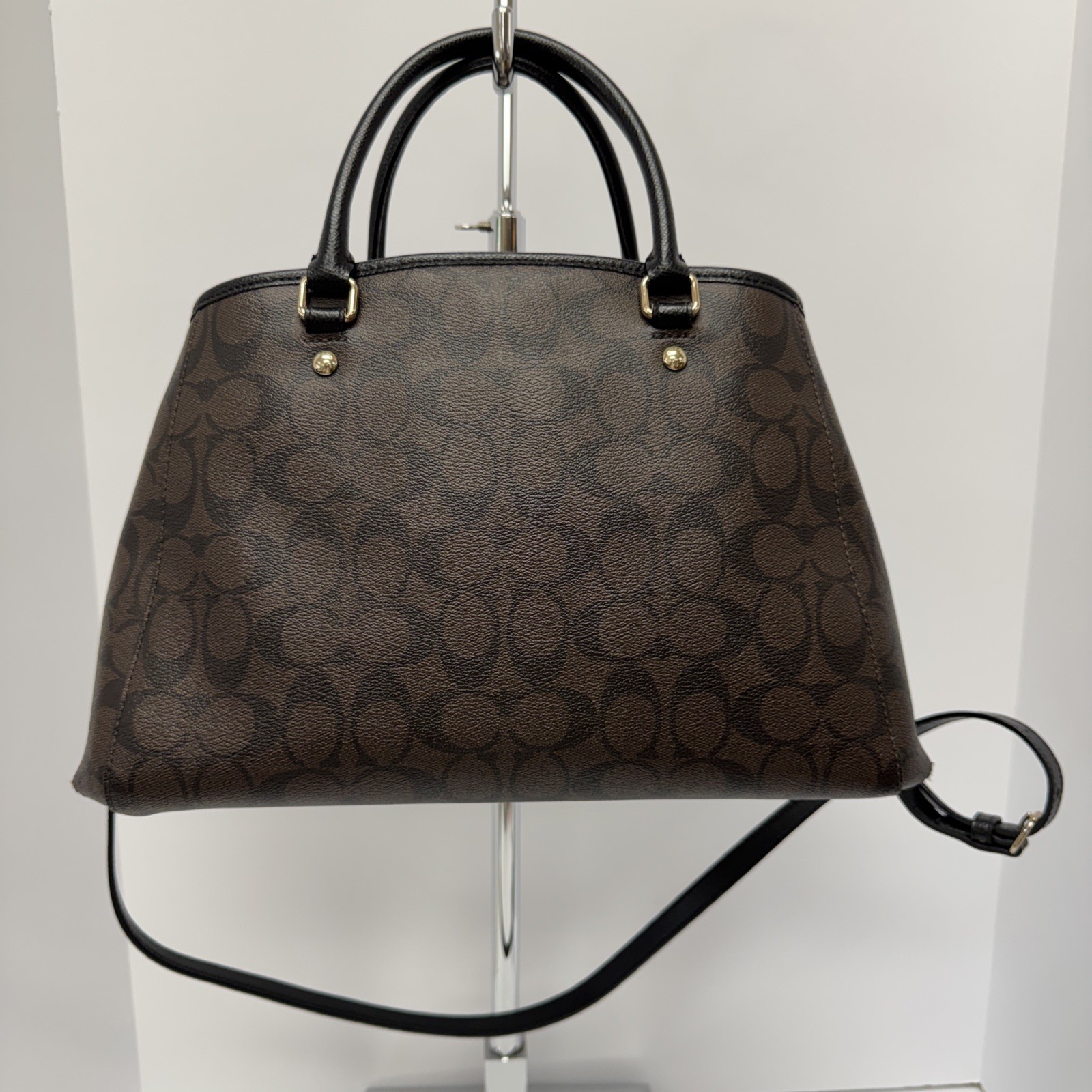 Coach Margot Medium Carryall F34608 Black/Brown Signature Coated Canvas Satchel