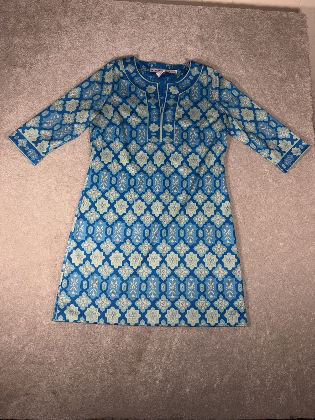 Gretchen Scott Split Neck Jersey Dress Turquoise Geometric Print Large