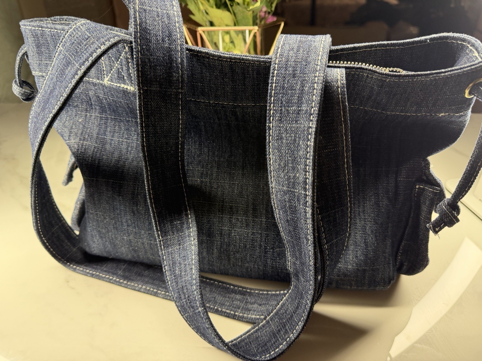 True Religion Blue Logo Tote Bag Zip Closure Detachable Strap Gold Hardware