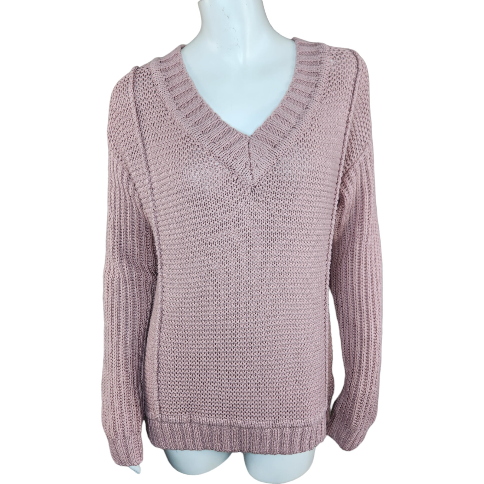 Encore by Idina Menzel Mixed Stitch V-Neck Sweater Dusty Pink X-Small Open Knit