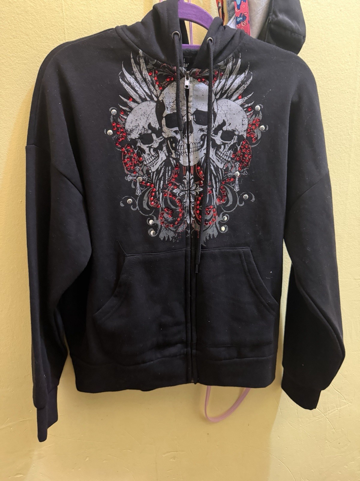 Social Collision Men’s S Black Full Zip Hoodie Skull Graphic Fleece Pockets
