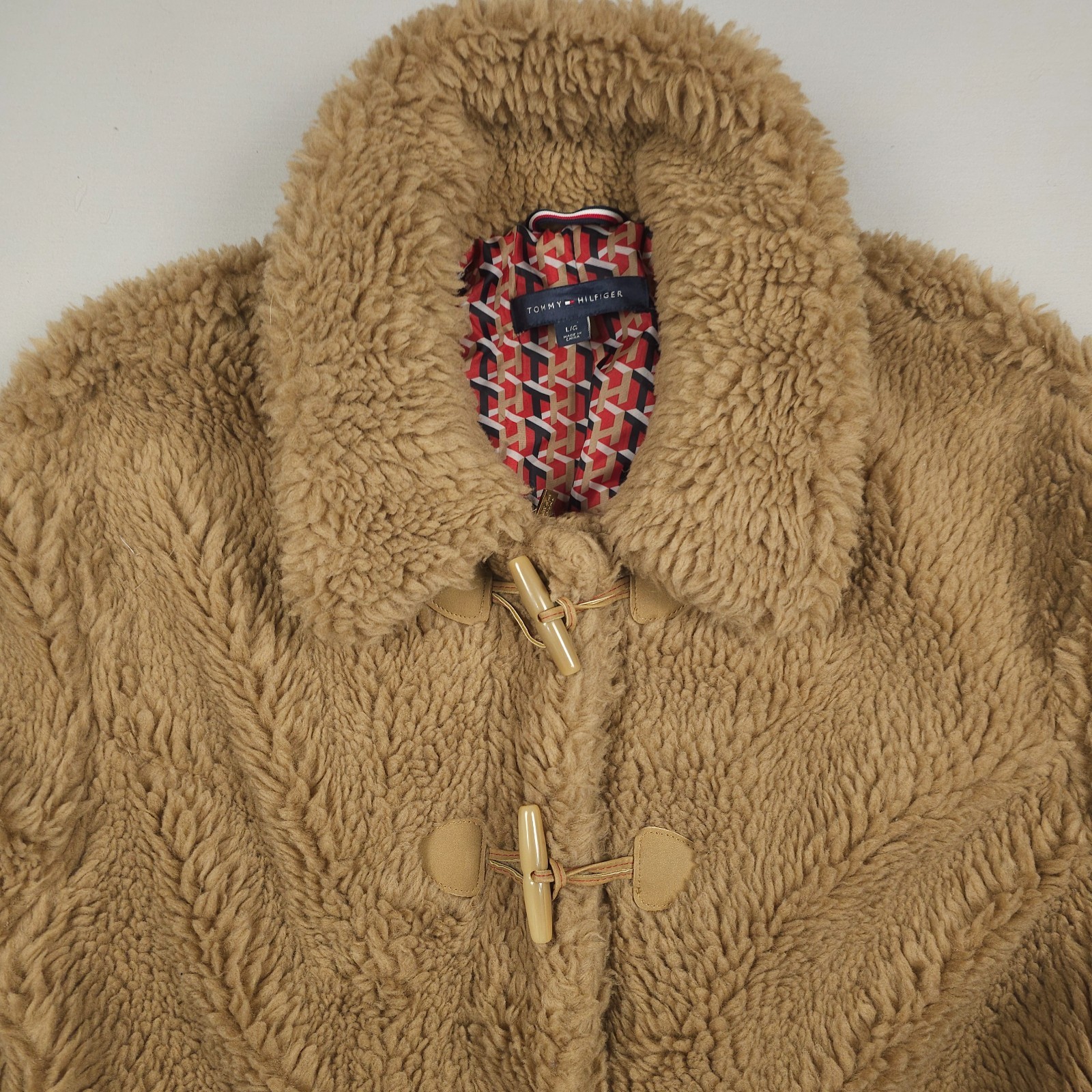 Tommy Hilfiger Faux Fur Jacket Women Large Beige Sherpa Full Zip Toggle Button