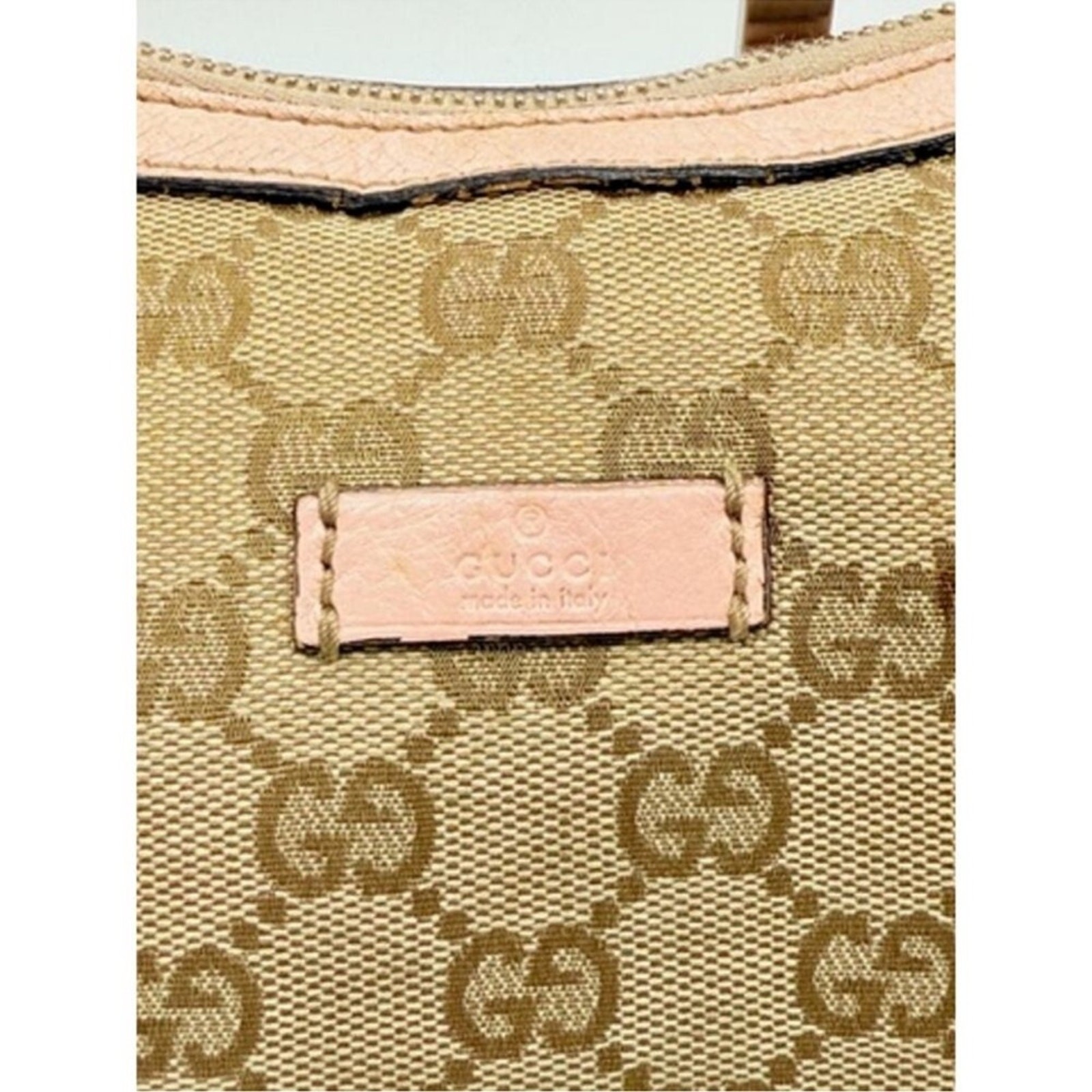 Gucci Monogram Web Medium Half Moon pastel Accents Canvas W/Leather trim.