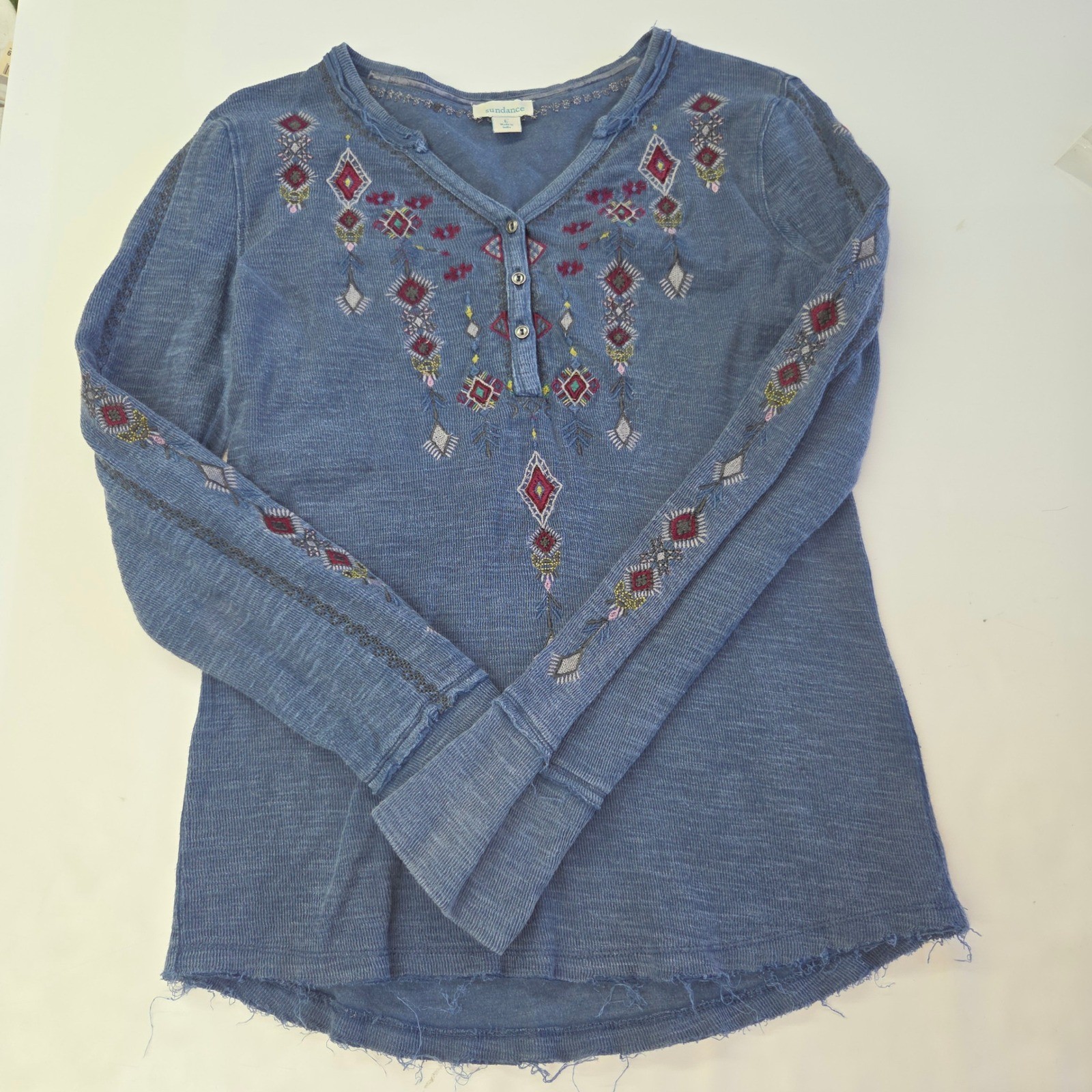 Sundance Henley Top Women L Blue Embroidered Long Sleeve Cotton Slub Raw Hem